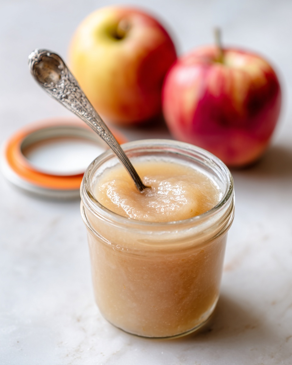 A clear glass jar is filled with a smooth, light brown apple sauce, showing soft texture and tiny specks inside. A detailed silver spoon is placed inside the jar, touching the sauce. Behind the jar, two whole apples with red and yellow skin are visible, and a matching jar lid with an orange ring rests to the side. All items are arranged on a white marbled surface. photo taken with an iphone --ar 4:5 --v 7
