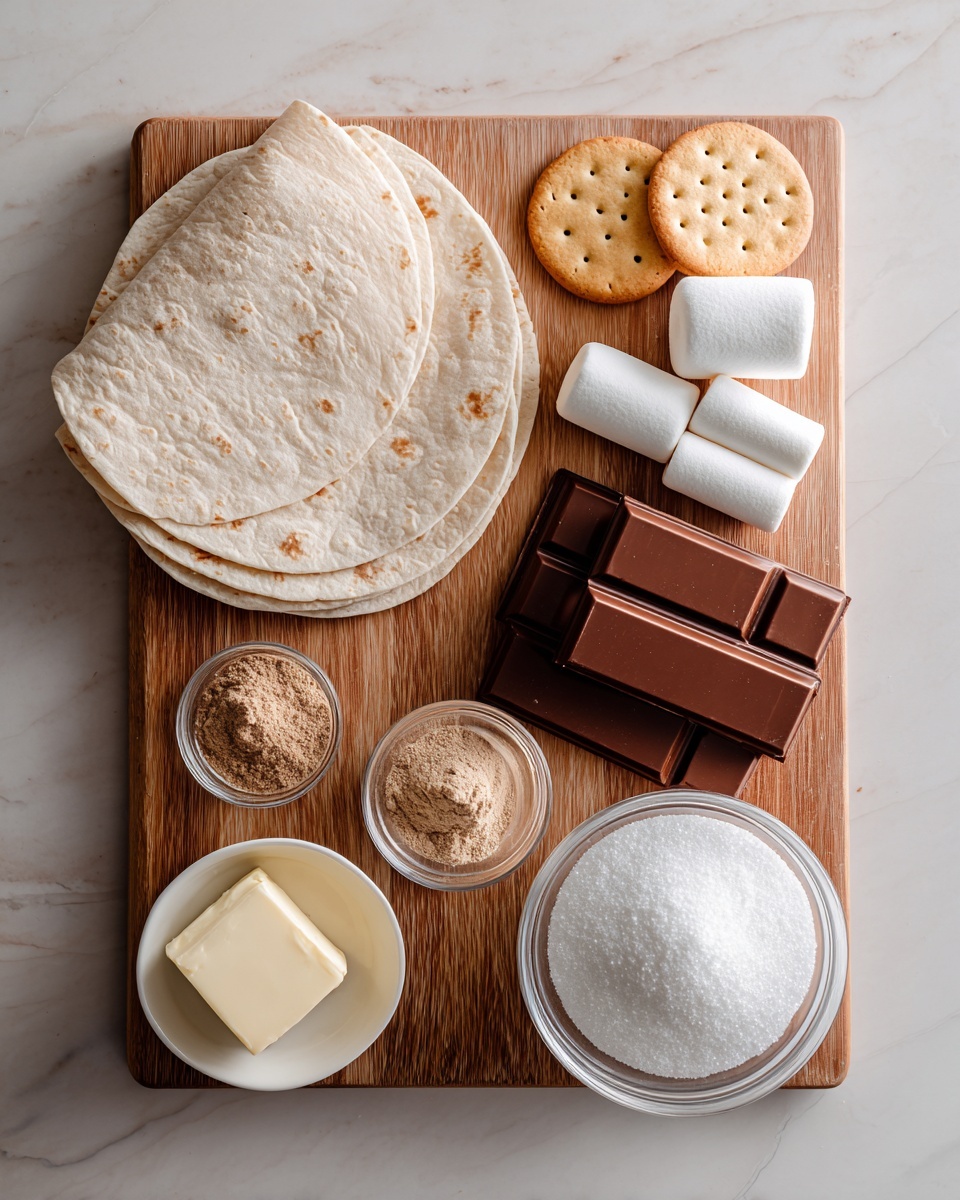 The image shows a wooden board placed on a white marbled texture, holding several ingredients neatly arranged. On the left side, there are two folded pale white tortillas with a soft, slightly textured surface. Above the tortillas, there are three round golden brown crackers with tiny holes on top, next to four white marshmallows standing upright. To the right of the marshmallows, two thick rectangular pieces of dark brown chocolate are stacked slightly overlapping. Below the chocolate, a small glass bowl contains a light brown powder. In the bottom left corner, a white bowl holds a small amount of creamy butter. Next to it on the right side, there is a clear glass filled with white granulated sugar. The setup is simple and well-organized, with soft natural lighting. photo taken with an iphone --ar 4:5 --v 7