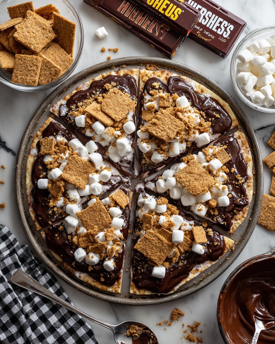 A slice of s'mores pizza held by a woman's hand shows three main layers: the bottom thin flatbread crust in light beige, a middle layer of smooth dark brown melted chocolate spread, and a top layer with toasted white marshmallows scattered unevenly, alongside chunks of light tan graham crackers and pieces of milk chocolate embedded under some marshmallows. The toasted marshmallows have slight golden brown spots on their rounded tops. The background has a white marbled texture with a blurred view of the remaining pizza on a round brown board. photo taken with an iphone --ar 4:5 --v 7