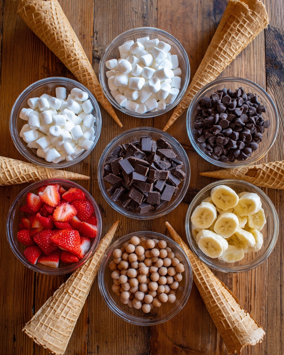 Six clear bowls are arranged in a circle on a wooden surface with three empty waffle cones placed in the center. Each bowl contains a different topping: one has small white marshmallows, another has square chocolate pieces with a dark brown color, one holds dark chocolate chips, another is filled with round light brown caramel balls, one has diced fresh red strawberries, and the last bowl contains sliced yellow bananas. The waffle cones are golden brown with a textured pattern. photo taken with an iphone --ar 4:5 --v 7