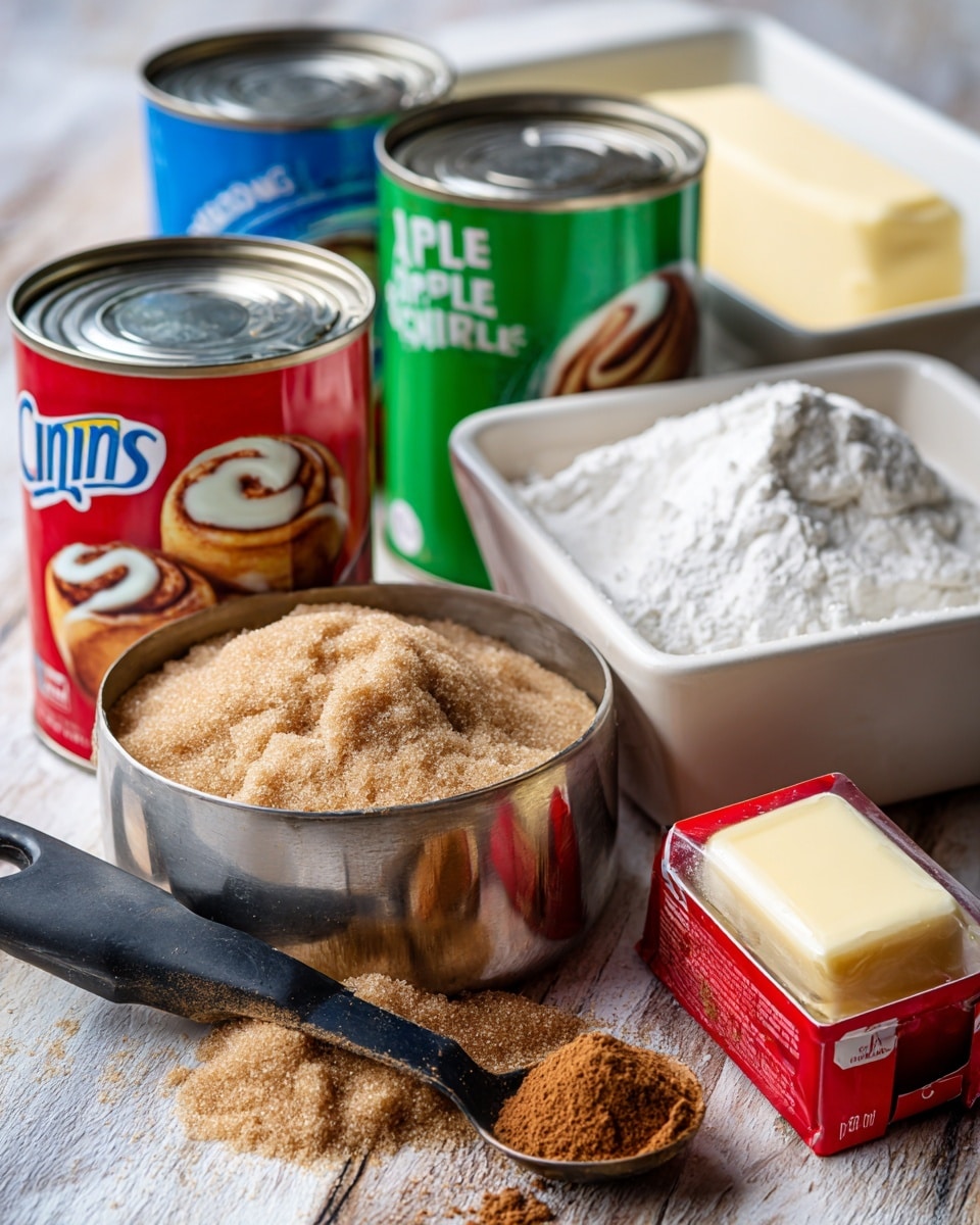 The image shows baking ingredients arranged on a wooden surface with a white marbled texture background. There are two upright blue and red cans of cinnamon rolls with white icing visible on the front, next to a green and white can of lite apple pie filling. In front of the cans, a metal cup is filled with packed light brown sugar and beside it is a black-handled teaspoon filled with brown cinnamon powder. To the right of the cans is a small red and white box of butter. Behind all the ingredients, a white rectangular baking dish sits empty. photo taken with an iphone --ar 4:5 --v 7