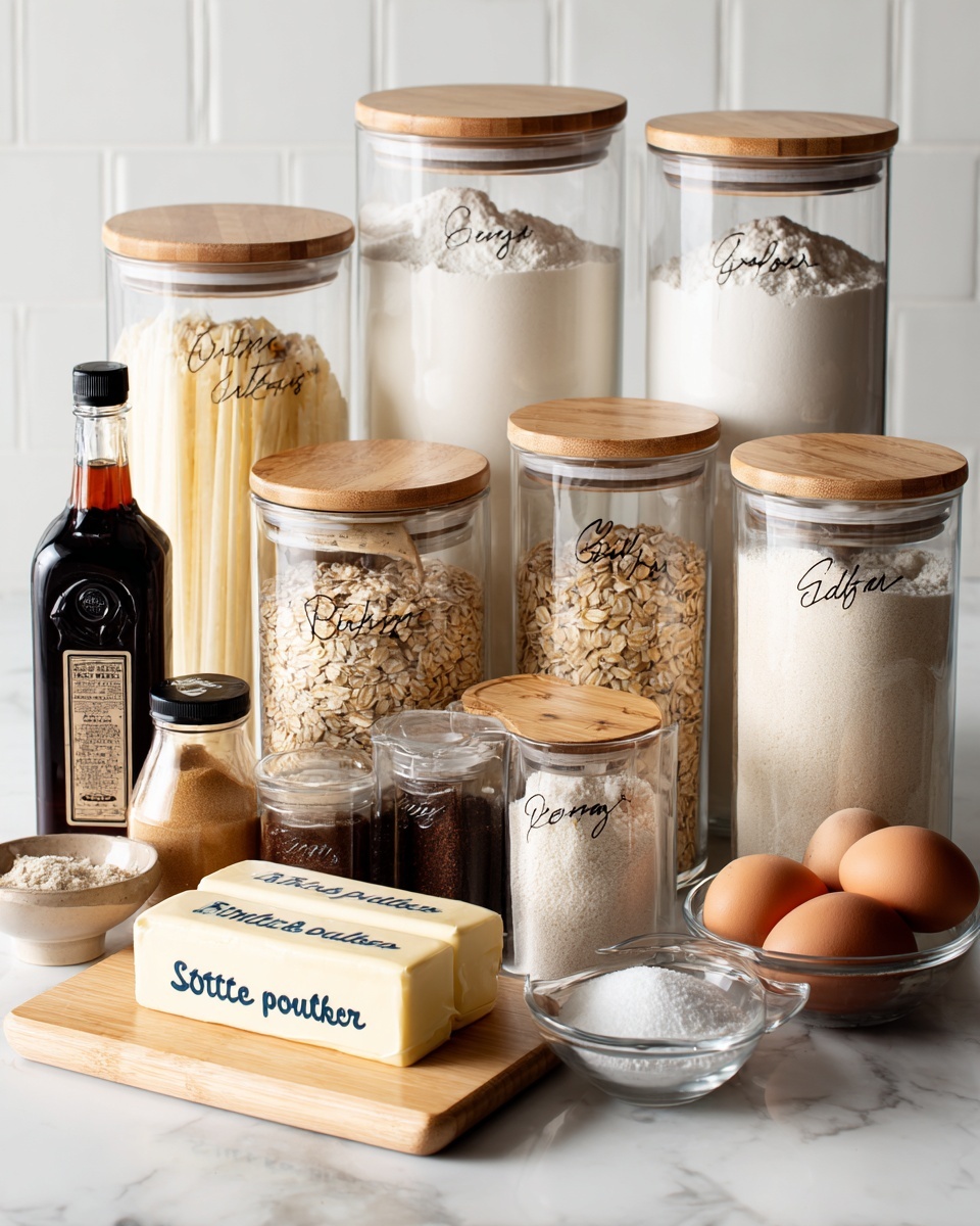 The image shows several clear glass jars and containers with light wooden lids, arranged on a white marbled surface against a white tiled wall. In the back row, two tall jars hold white sugar and all-purpose flour, while next to them are jars with rolled oats and powdered sugar. In front, two sticks of butter with blue writing lie horizontally on the surface. There is a small jar of baking powder and one of baking soda. Two brown eggs and a small clear bowl with a dark liquid sit near the front. On the left side, a bottle of vanilla extract, a jar of brown sugar, and small jars of cinnamon and salt complete the setup. All items have clean, simple labels with black text on white backgrounds. photo taken with an iphone --ar 4:5 --v 7