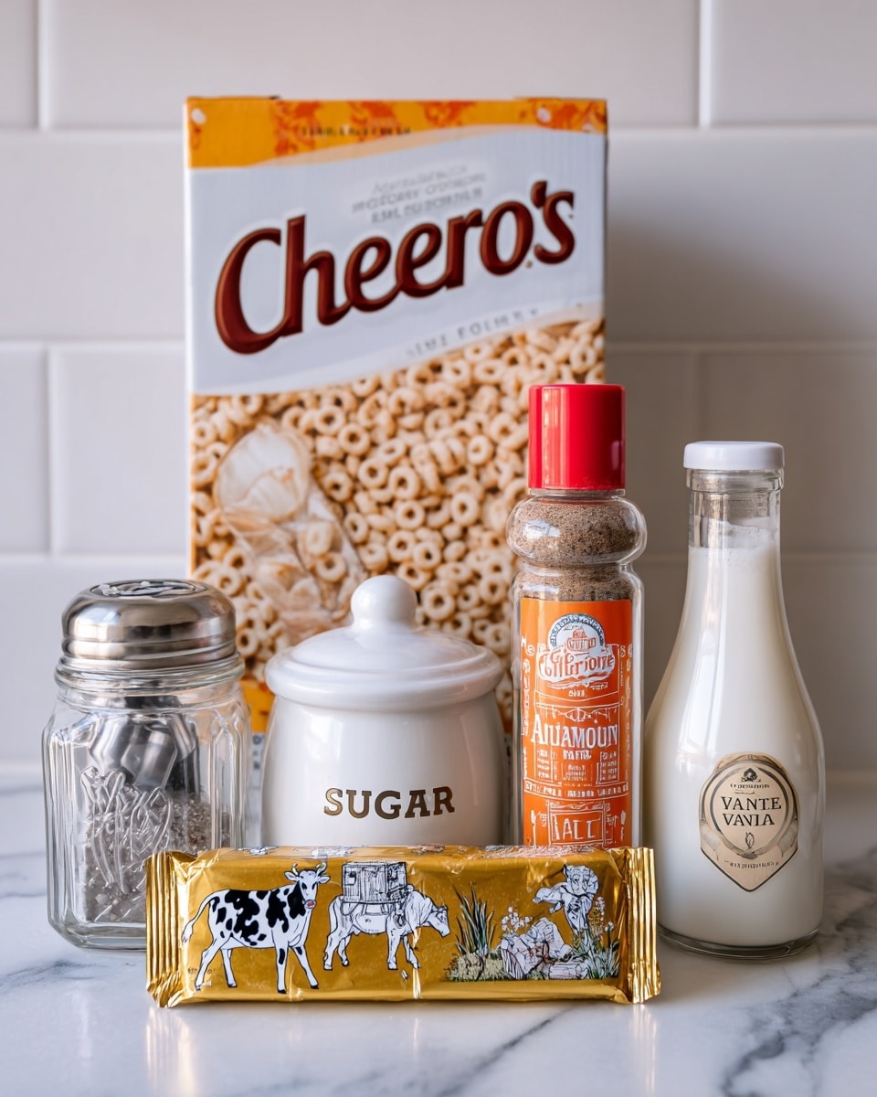 The image shows a box of Cheerios cereal standing upright at the back on a white marbled surface. In front of the box, from left to right, there is a small glass container with a metal shaker lid, a white ceramic sugar jar with a lid labeled