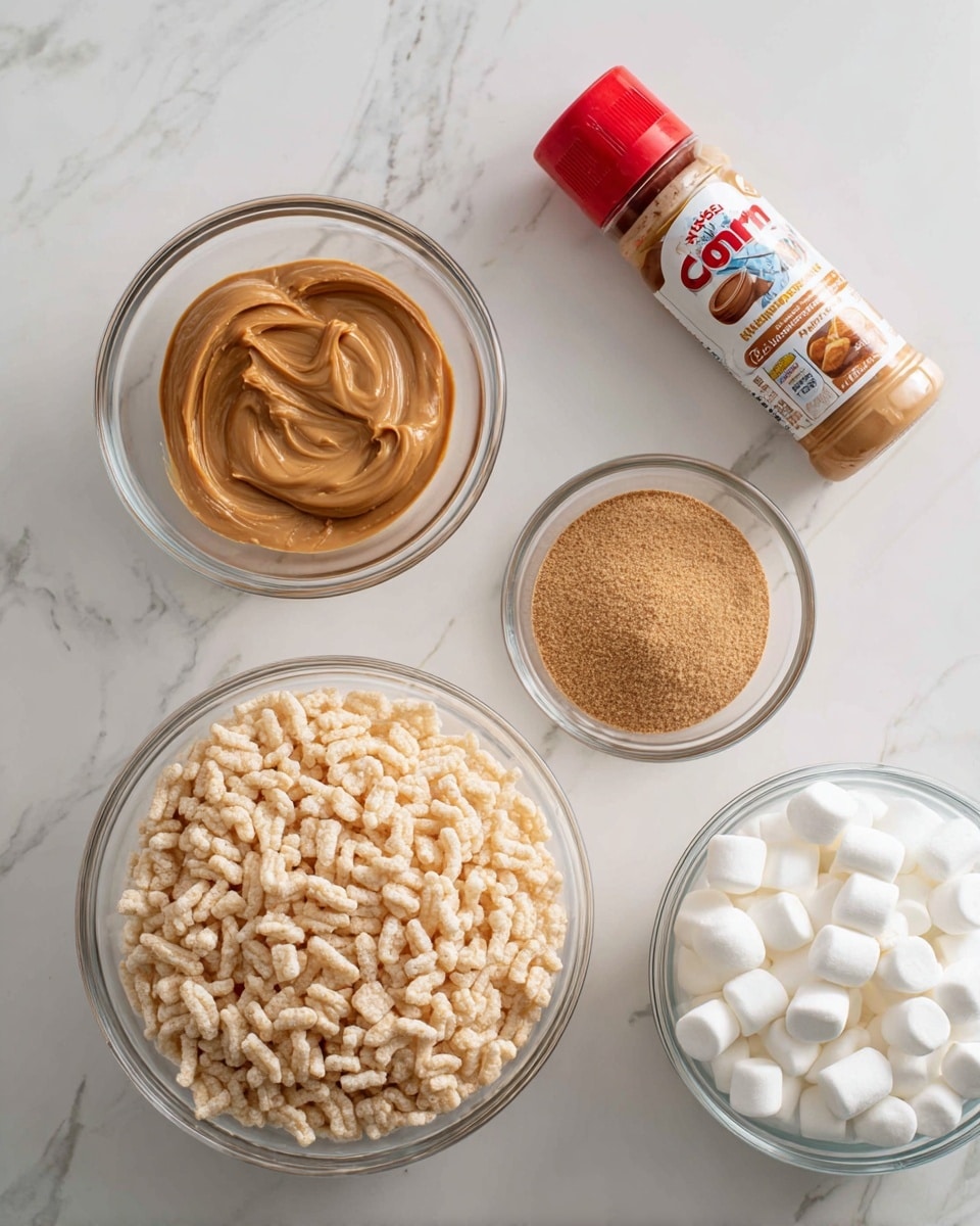 The image shows four clear glass bowls on a white marbled surface. The largest bowl in the bottom left is filled with plain light beige crispy rice cereal pieces. To its right, a smaller glass bowl holds a light brown powder, likely brown sugar. Above that, another bowl is full of small white marshmallows, smooth and round. On the top left, there is a bowl with thick, smooth light brown peanut butter. Next to that bowl is a small transparent plastic bottle with a red cap and a label that reads