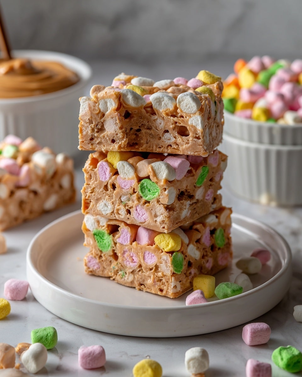 A stack of three square bars filled with small colorful marshmallows in green, pink, yellow, and orange sits on a round white plate. Each bar shows a light brown, slightly glossy caramel-like layer holding the marshmallows tightly together. Around the stack, more bars and scattered mini marshmallows rest on a white marbled surface. A white bowl of creamy peanut butter and another white bowl full of mini marshmallows are slightly blurred in the background. The overall scene is bright and clean, highlighting the vibrant pastel colors of the marshmallows against the smooth caramel base. Photo taken with an iphone --ar 4:5 --v 7