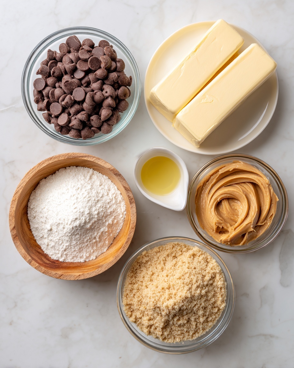 The image shows six small bowls with different baking ingredients arranged neatly on a white marbled surface. In the top left is a clear glass bowl filled with dark brown chocolate chips, smooth and rounded. To the right is a small white plate holding a block of pale yellow sweet cream butter with a soft texture. Below the chocolate chips is a tiny white cup with a bit of light yellow vegetable oil inside, smooth and shiny. Near the center right is a white bowl filled with creamy, light brown peanut butter, showing a swirled texture on top. On the lower left, there is a round wooden bowl filled with powdered sugar, pure white and fluffy. Lastly, at the bottom right, a clear glass bowl contains light brown graham cracker crumbs with a slightly grainy texture. photo taken with an iphone --ar 4:5 --v 7