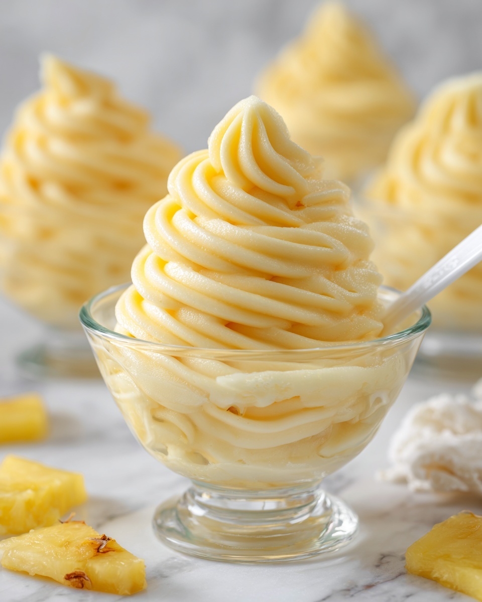 The image shows a small clear glass bowl filled with three fluffy, swirled layers of smooth, pale yellow soft-serve-like dessert piled high above the rim. A white spoon is inserted into the right side of the dessert, with ridges and soft folds visible in the swirls. The scene is set on a white marbled surface with blurred green and brown background elements, and small pieces of yellow fruit in front and behind the bowl. Photo taken with an iphone --ar 4:5 --v 7