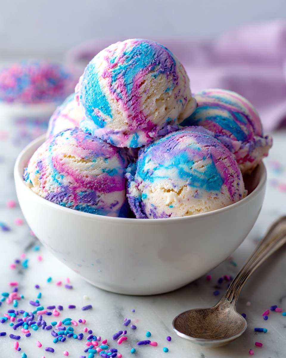 This image shows a glass dish filled with a swirled mixture of pink and blue ice cream, each color forming soft peaks and smooth patches throughout. A metal ice cream scoop is lifting a rounded scoop from the middle, showing a marbled blend of pink and blue in a neat, creamy ball. Behind the dish, in soft focus, there are two large fluffy pieces of cotton candy, one pink and one blue, resting on a white marbled surface. The colors are bright and playful, with the fusion of the pink and blue ice cream creating a fun visual pattern. photo taken with an iphone --ar 4:5 --v 7