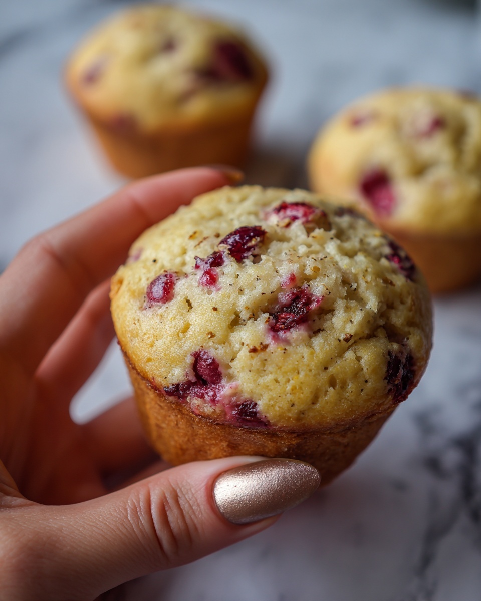 The image shows a close-up of a round, soft muffin held by a woman's hand with sparkly pink nail polish. The muffin has a light golden-brown color with swirls and chunks of dark red and purple berries mixed throughout its surface. In the background, there are two more similar muffins slightly out of focus, placed on a white marbled surface, adding depth to the image. The muffin's texture looks moist and slightly crumbly around the edges. photo taken with an iphone --ar 4:5 --v 7