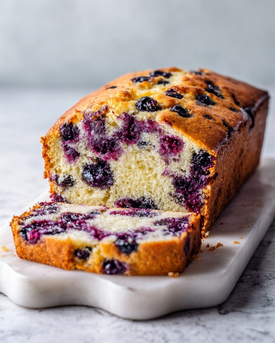 A loaf cake with a light yellow inside and a slightly crumbly texture is shown partially sliced. The top layer is golden brown with purple and dark red berries scattered unevenly on the surface, some slightly sinking into the cake. A slice has been removed, showing the soft and moist interior with some berry stains inside the cake. The cake is on a white marbled tray with curved edges. The lighting highlights the texture and colors clearly. Photo taken with an iphone --ar 4:5 --v 7