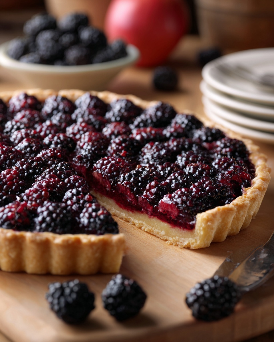 The image shows a fruit tart with one layer of golden-brown crust at the bottom and sides, crimped around the edges, filled with a thick layer of dark purple and red blackberries that look juicy and glossy, filling the tart evenly from edge to edge. The tart rests on a light wood surface, and a few blackberries are placed casually nearby. In the background, there is a white marbled texture and some colorfully stacked plates partially visible. photo taken with an iphone --ar 4:5 --v 7