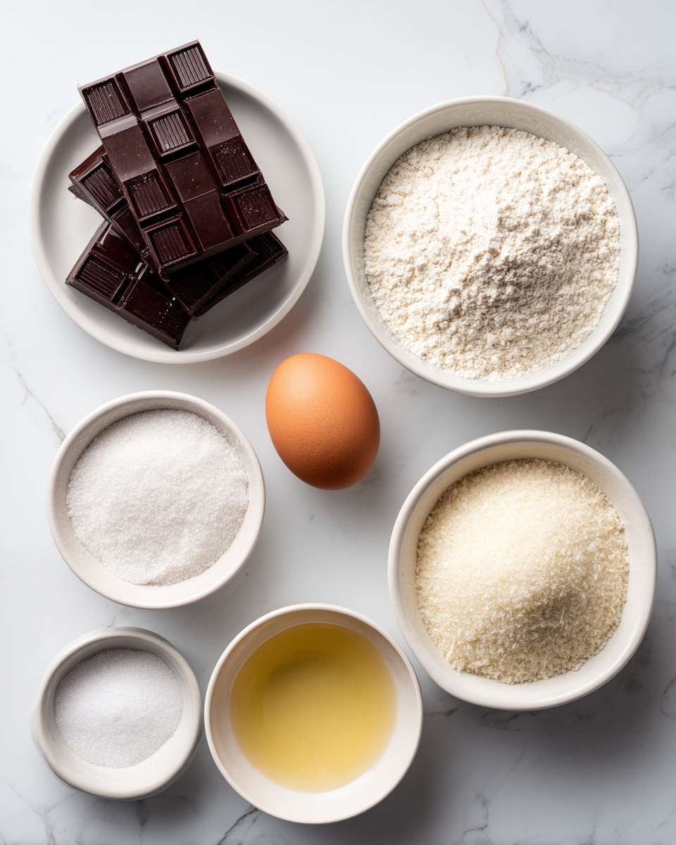 The image shows seven white bowls on a white marbled background arranged loosely in a circle. The top left bowl holds dark brown chocolate squares stacked over each other with a glossy surface and sharp edges. To the right is a white bowl filled with fine white flour. Next to it, a small white bowl contains a single brown egg with a smooth shell. Below the egg bowl is a smaller white bowl with a light brown liquid. To the bottom left of the egg bowl, a small dish contains a white powder. In the lower left part of the image, a white bowl holds light golden oil. The last bowl at the bottom contains coarse white granulated sugar. Each bowl's texture contrasts with the smooth, clean white marbled surface under them. photo taken with an iphone --ar 4:5 --v 7