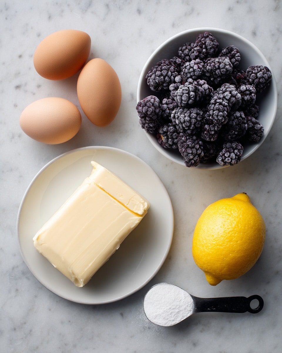 The image shows five ingredients on a white marbled surface. At the top left, there are three brown eggs grouped together with smooth shells. To the right, there is a white bowl filled with dark purple frozen blackberries, covered lightly with frost, giving them a textured look. Below the eggs, there is a small white plate holding a neat, rectangular block of pale yellow butter with clean edges. To the right of the butter, a whole bright yellow lemon with a slightly shiny, bumpy skin rests on the marble surface. Lastly, at the bottom right, a white measuring spoon with a black handle holds a fine white powder, likely sugar. The arrangement is simple and clean, with clear labels on each ingredient. photo taken with an iphone --ar 4:5 --v 7