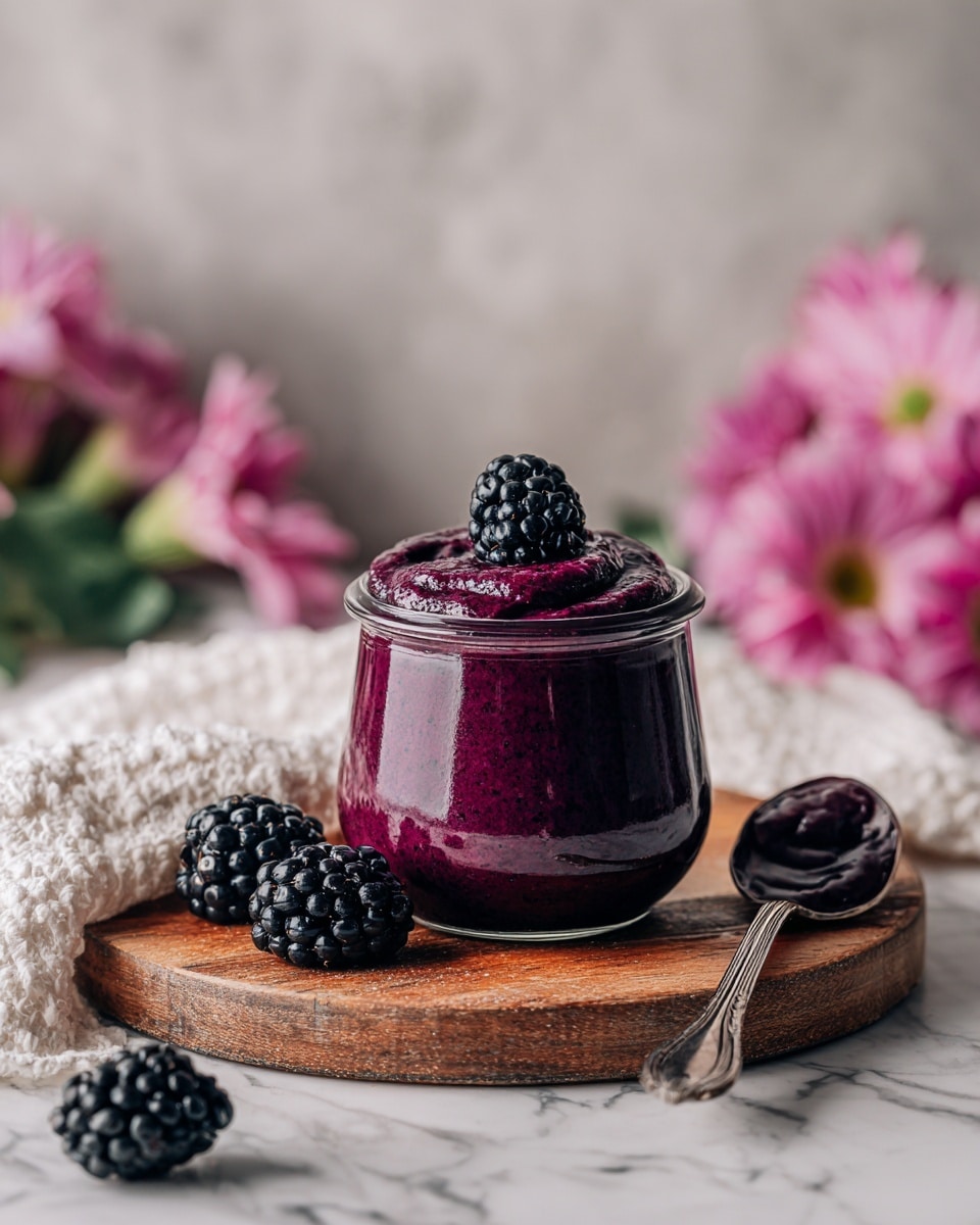 A clear glass jar filled with smooth, dark purple blackberry jam with one whole blackberry sitting on top, placed on a wooden board. Around the jar, there are several blackberries scattered. In the foreground, a silver spoon with jam on it lies on the board. To the right of the jar, there are light golden biscuits with a slightly rough texture. Behind the jar, a small bowl holds creamy white spread. A bunch of bright pink flowers and a white knitted cloth are placed near the jar on a white marbled surface. Photo taken with an iphone --ar 4:5 --v 7