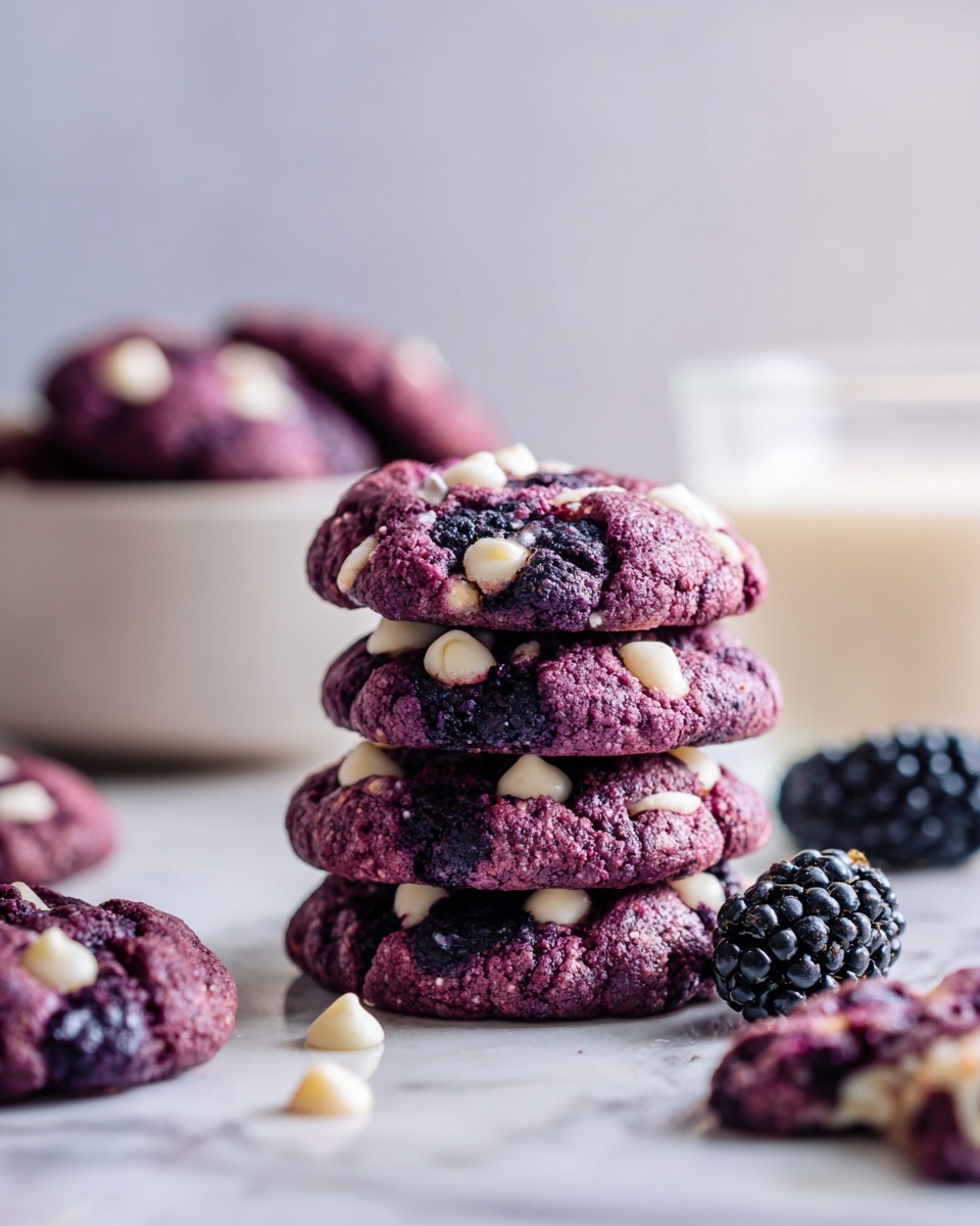 The image shows a stack of three round cookies with a rough texture, mostly dark purple-blue from the blackberries inside, with scattered white chocolate chips on top and throughout. The cookies appear soft with small bits of fruit and oat mixed in, and some white spots where the chocolate chips are melted slightly. Around the stack, more cookies lie flat, showing the same colors and texture. In the background, a white bowl filled with more cookies is partially visible, and near the lower right corner, some fresh blackberries add a deep dark purple color. The entire scene is set on a white marbled surface. Photo taken with an iphone --ar 4:5 --v 7