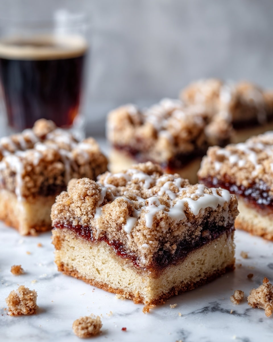 The image shows several square slices of a layered dessert on a white marbled surface. Each slice has three main layers: a light golden-yellow cake base, a dark fruit jam middle layer, and a crumbly brown topping layer with a drizzle of white icing on top. The texture of the cake looks soft and moist, the fruit jam appears thick and slightly shiny, while the crumbly top has a rough texture with uneven pieces. The slices are arranged close together, with some crumbs scattered on the surface, and a blurred glass is visible in the background. photo taken with an iphone --ar 4:5 --v 7