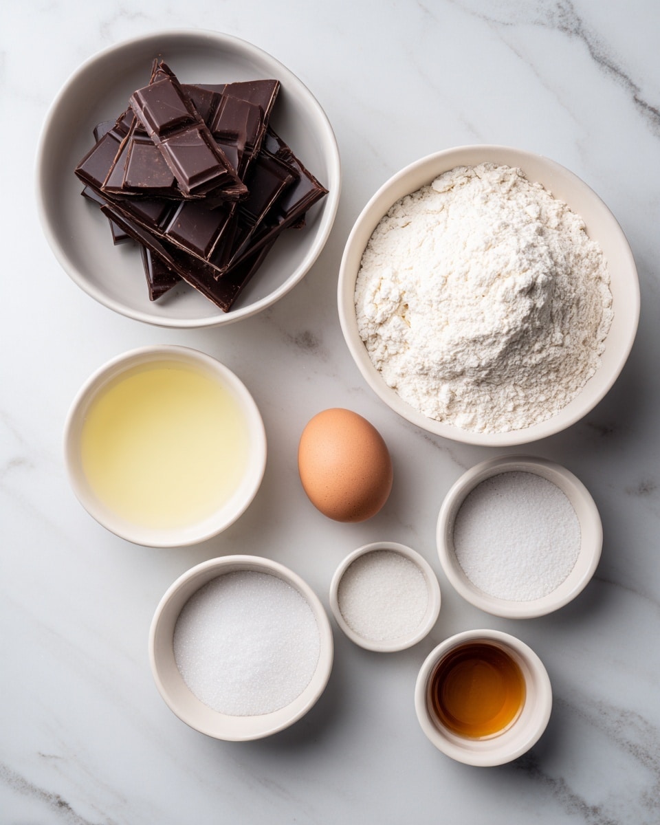 The image shows seven small white bowls arranged on a white marbled surface. The largest white bowl at the top left contains thick square pieces of dark chocolate, stacked unevenly. To its right, a medium white bowl holds a soft white powder, likely flour. Next to it is a small white bowl with a light brown egg sitting whole inside. Below the chocolate, a small white bowl contains a pale yellow liquid, while below the flour and to the right, there are three smaller white bowls: one with white granulated sugar, one with a small amount of white powder, and the last with a golden amber liquid, possibly vanilla extract. All bowls are neatly spaced and shot from above, showing clear textures and simple colors on the white marbled background. photo taken with an iphone --ar 4:5 --v 7
