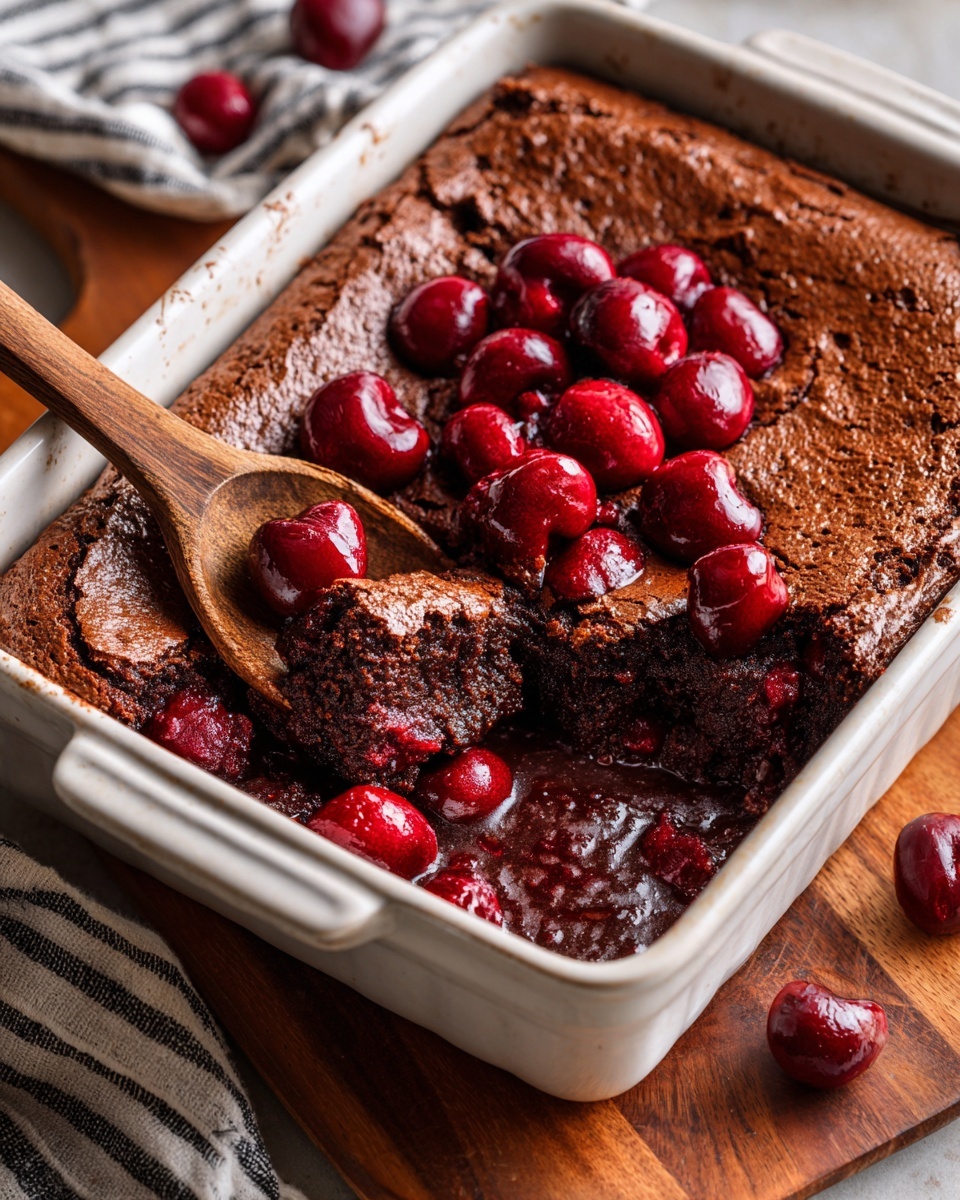 A white baking dish holds a chocolate dessert with a slightly cracked top layer, dark brown in color, looking baked and firm. The dessert has been partially scooped out from the top left corner by a wooden spoon, showing a second layer below with bright, glossy red cherries mixed into a darker, moist chocolate base. The texture of the top layer is dry and crumbly, while the underneath layer is rich and wet with shiny cherries throughout. The dish sits on a warm wooden surface with a striped cloth nearby. photo taken with an iphone --ar 4:5 --v 7