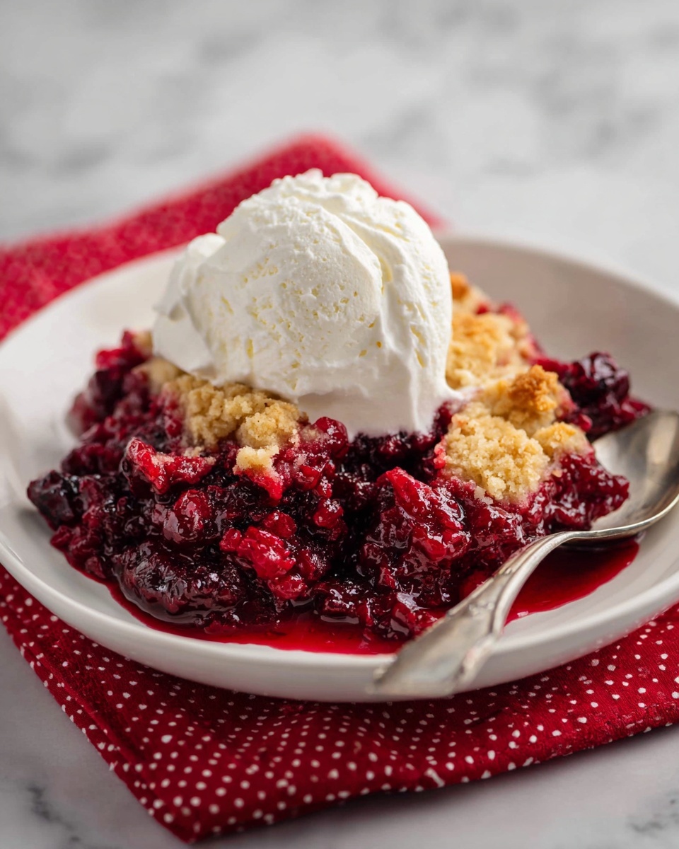 A white plate with ornate patterns holds a warm dessert with two visible layers: the bottom layer is bright red and juicy with a mixed berry texture, while the top layer is a dense, crumbly reddish-brown crust. On top, there is a large dollop of smooth white whipped cream. A silver spoon rests on the plate with some of the dessert and whipped cream on it. The plate is placed on a red cloth with white polka dots, set on a white marbled surface. Photo taken with an iphone --ar 4:5 --v 7