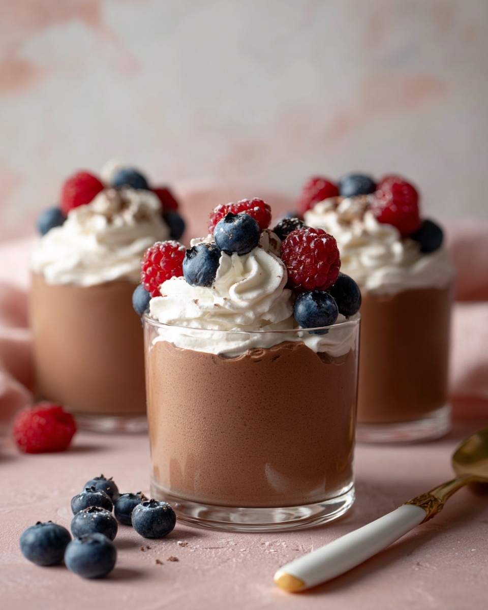 The image shows clear glass cups filled with smooth, light brown chocolate mousse as the bottom layer. Each mousse cup is topped with a fluffy white layer of whipped cream. On top of the whipped cream, there are a few fresh dark blue blueberries and a bright red raspberry placed near the edge of the cup, adding color contrast. The cups are set on a soft pink surface with a white marbled texture in the background. A white spoon with a golden tip lies beside the nearest cup, and more blueberries are scattered around, adding a natural touch. Photo taken with an iphone --ar 4:5 --v 7