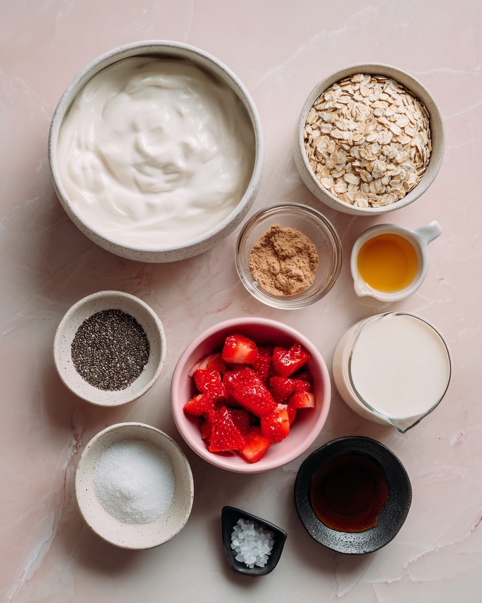 The image shows several bowls and small containers with different ingredients arranged neatly on a soft pink surface changed to a white marbled texture. There is a large white bowl filled with fluid white yogurt that looks creamy and smooth. Next to it, a smaller white bowl holds light beige rolled oats with a rough texture. A clear glass measuring cup contains dry light brown crumbly peanut butter powder, placed beside another clear glass measuring cup full of fresh white milk. A light pink bowl in the center is filled with bright red, chopped strawberries. Around these are smaller white speckled bowls and containers: one with black chia seeds, another with thick white cream, one with dark brown liquid syrup, one with light golden syrup, and a tiny black dish with white salt crystals. The arrangement is calm and organized with soft natural light, on the white marbled surface, photo taken with an iphone --ar 4:5 --v 7