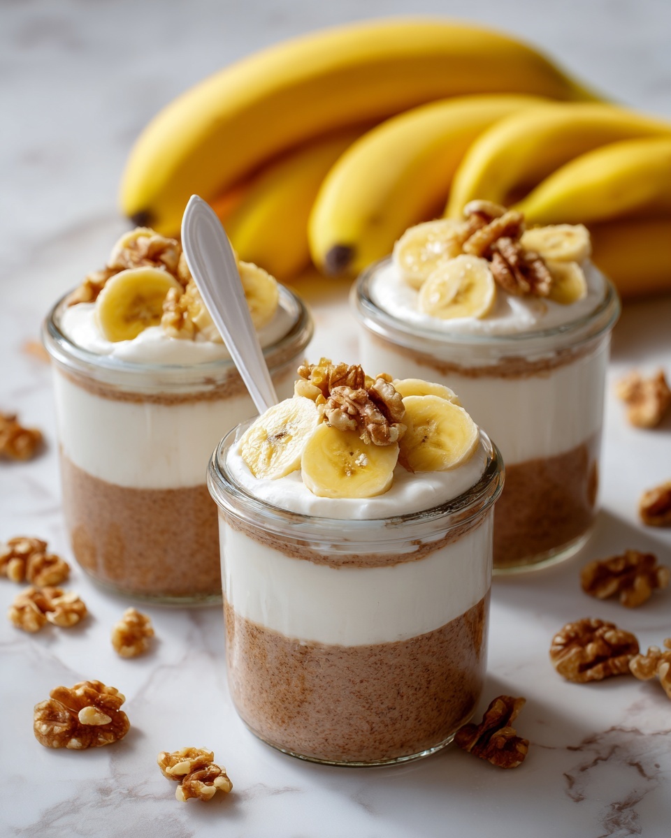 The image shows three glass jars filled with a creamy, light brown pudding-like mixture that forms the bottom layer. Each jar is topped with a thick layer of white yogurt. On top of the yogurt, there are several slices of fresh yellow banana arranged neatly with a few pieces of walnut scattered around. A silver spoon is placed inside the jar in the front center. The jars sit on a white marbled surface with whole bananas and walnut pieces scattered casually around. The scene is bright and clean, with a soft focus on the background. photo taken with an iphone --ar 4:5 --v 7