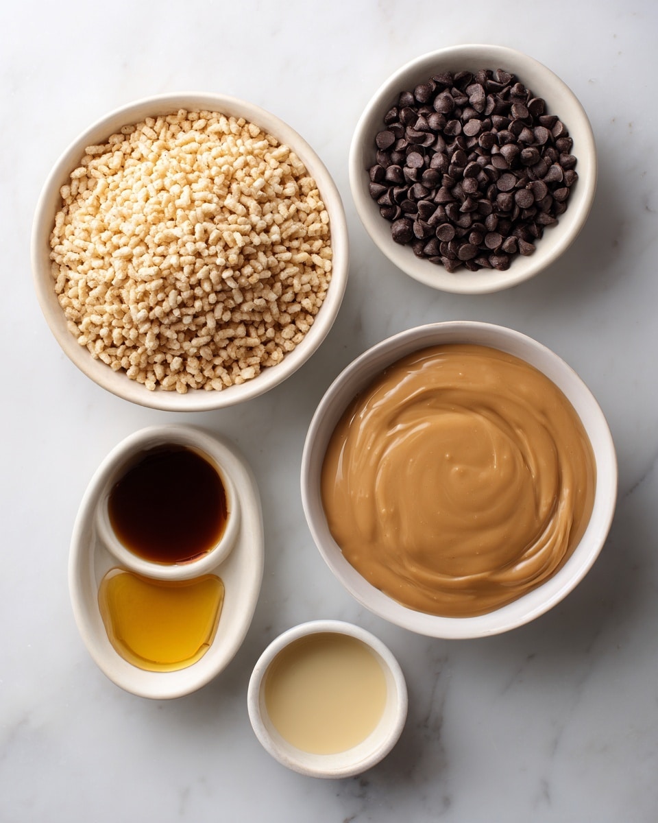 The image shows six white bowls with different ingredients arranged on a white marbled surface. The largest bowl at the top right holds a smooth, light caramel-colored mixture. To the left, a large bowl is filled with puffed rice, light tan and airy in texture. Below it, another large bowl contains dark chocolate chips, small and round with a matte surface. In the small bowls below, one contains a shiny golden syrup, another holds a small amount of dark brown liquid, while one is empty and the last small bowl is partially visible with a light creamy color. photo taken with an iphone --ar 4:5 --v 7