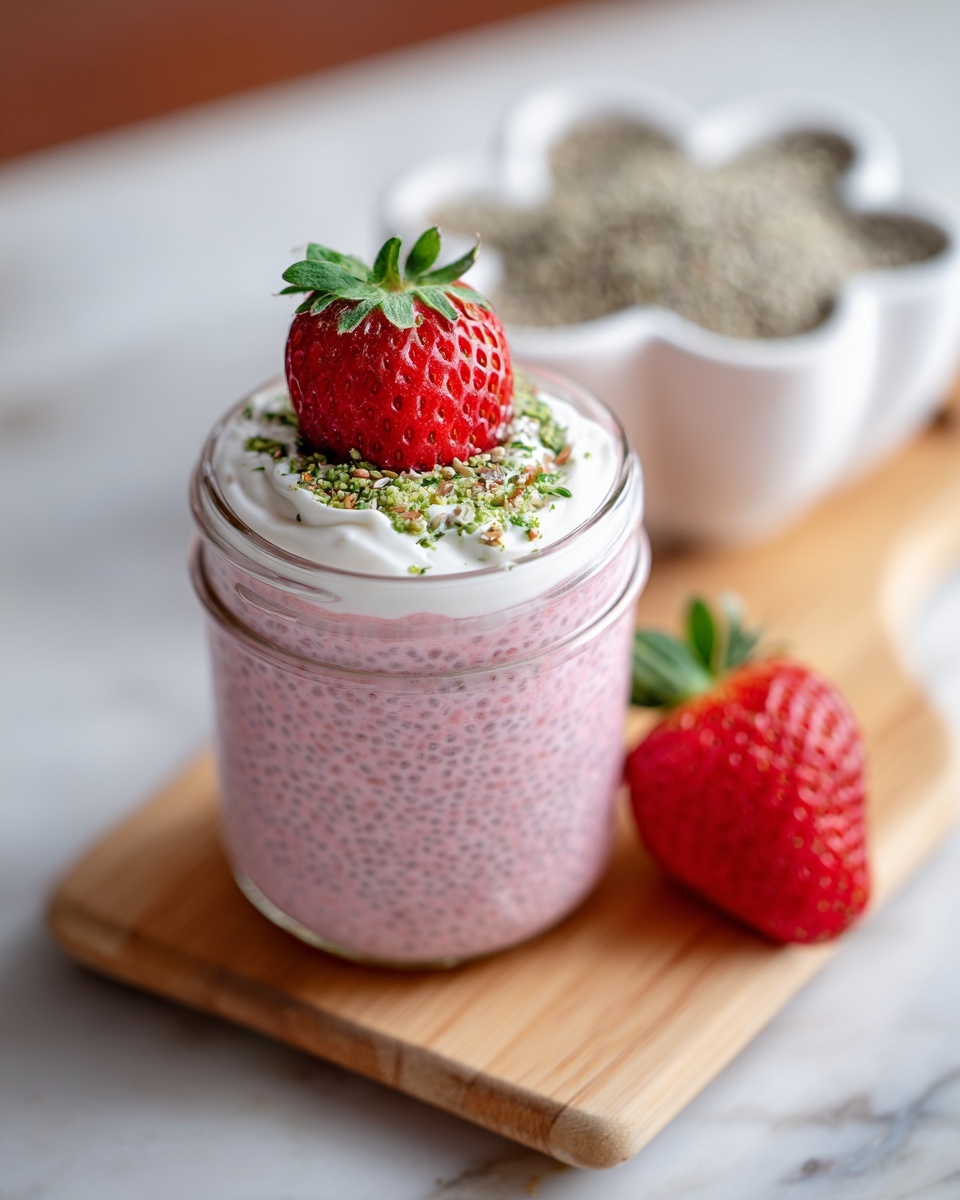 A clear glass jar filled with light pink chia pudding, showing tiny chia seeds throughout, sits on a light wooden board. On top of the pudding, there is a dollop of white cream with greenish hemp seeds sprinkled over it, and a whole red strawberry with green leaves placed on the cream. Next to the jar on the wooden board lies another red strawberry. In the blurred background, a white bowl shaped like a strawberry holds some hemp seeds, resting on a white marbled surface. Photo taken with an iphone --ar 4:5 --v 7