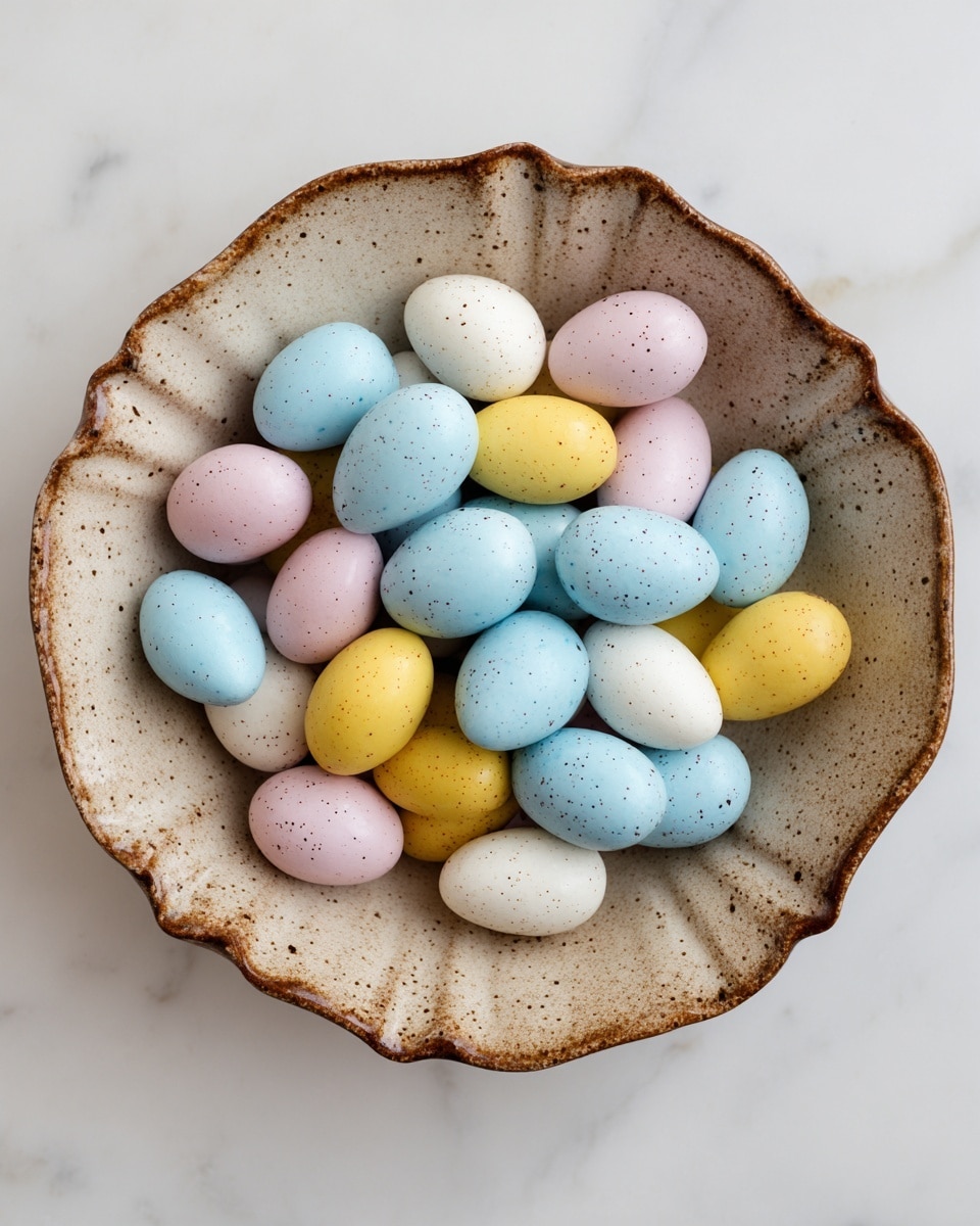 A rustic, fluted ceramic bowl with a brown speckled edge filled to the top with small, smooth, oval-shaped candies resembling eggs. The candies come in soft pastel colors: light blue, pale pink, white, and bright yellow, all with a matte finish and some lightly speckled with darker dots. The bowl is placed on a white marbled surface that adds a clean, elegant background. The eggs are layered loosely, filling the bowl evenly with some overlapping, creating a cozy, colorful arrangement. photo taken with an iphone --ar 4:5 --v 7