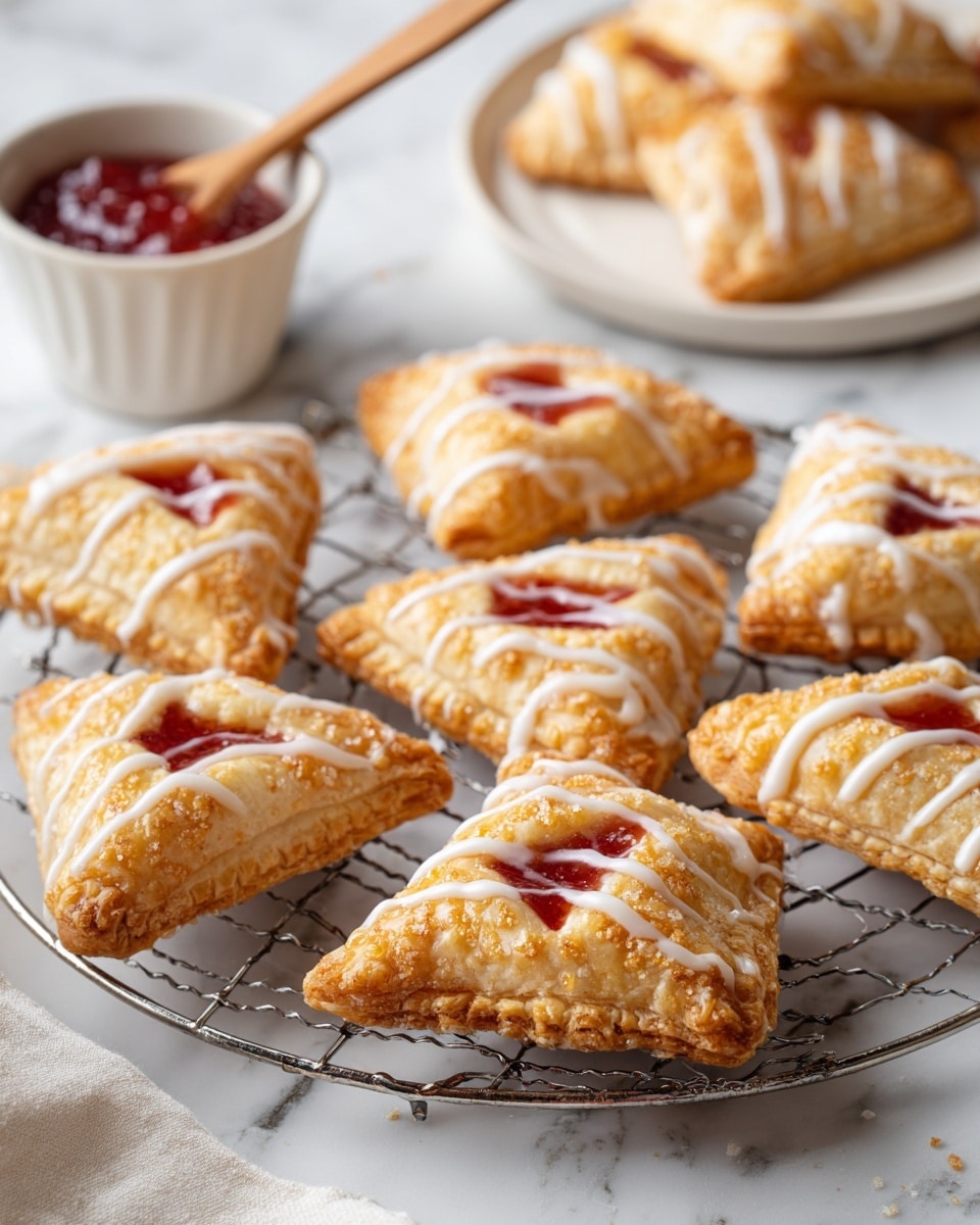 The image shows a collection of folded diamond-shaped pastries arranged on a round wire cooling rack placed on a white marbled surface. Each pastry has two sections filled with fruit jams in bright red and light orange colors, with a golden, flaky crust that looks crispy and light. The pastries are drizzled with white icing in thin, streaky lines across the top, adding texture and contrast to the shiny jam fillings. In the background, there is a white plate holding a few pastries, a small bowl with red jam and a wooden spoon, and parts of a glass cup and metal teapot, all resting on the white marbled surface. The overall setup is bright and inviting, emphasizing the color and texture of the pastries. photo taken with an iphone --ar 4:5 --v 7