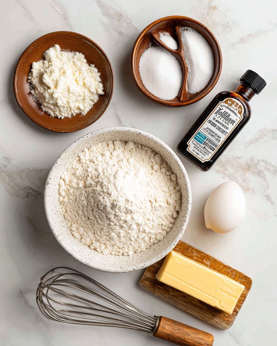 The image shows a flat lay of baking ingredients arranged on a white marbled surface. At the center is a white speckled bowl filled with white flour, with a small mound texture. Above it, a small brown bowl holds granulated white sugar with a fine grain texture. To the left, a small round brown plate has three piles of white powders—baking powder, baking soda, and salt—each distinct in texture and slightly separated. To the right of the sugar bowl is a dark glass bottle of vanilla bean paste with a white label and dark brown writing. Below the flour bowl, a stick of yellow unsalted butter is placed horizontally, partially wrapped with a Tillamook brand label. Next to the butter, on its right, is a single white egg. A metal whisk with a wood-textured handle is placed diagonally on the lower left side, its wires shiny and reflective. The overall arrangement is tidy on a clean white marbled surface. Photo taken with an iphone --ar 4:5 --v 7