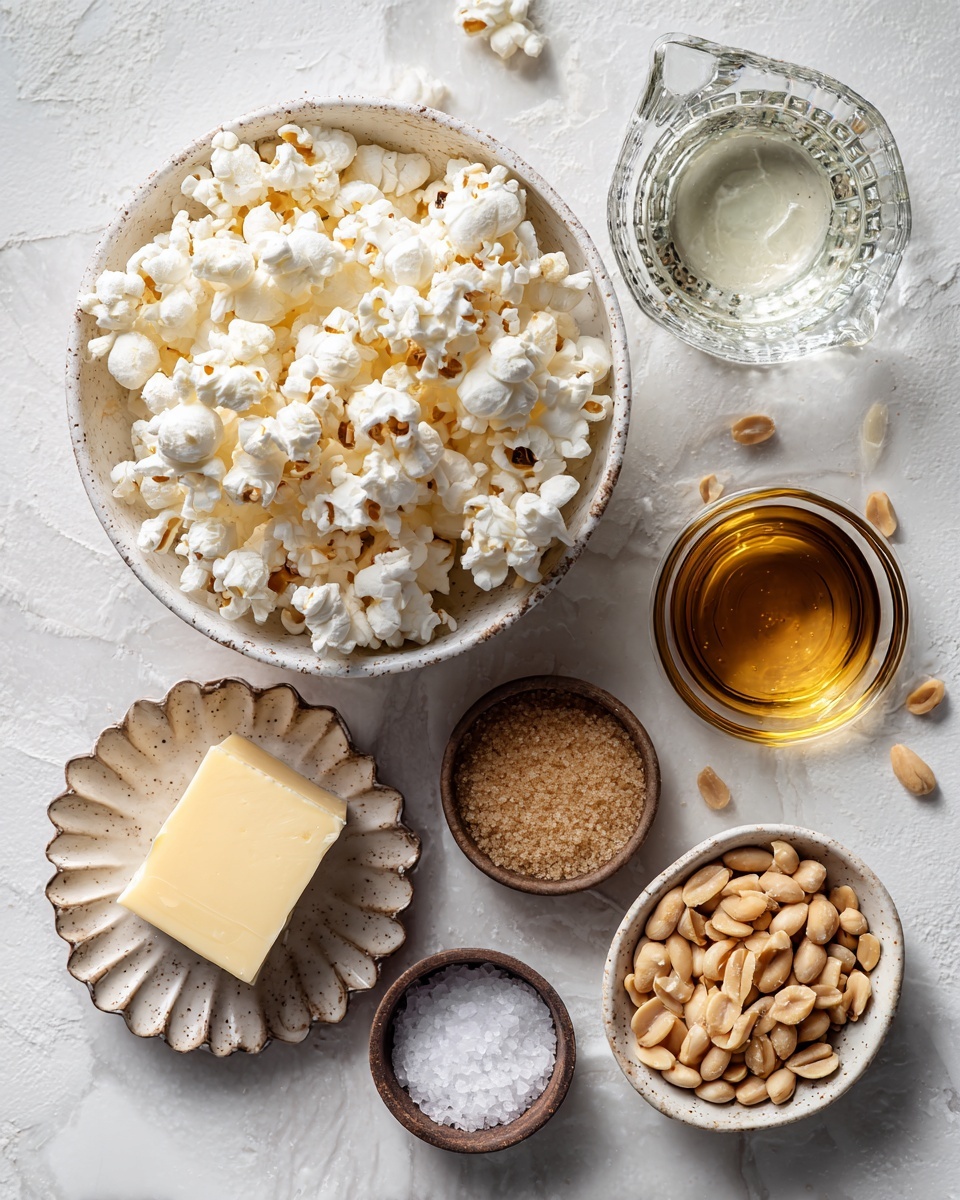 A top view of a collection of ingredients on a white marbled surface, including a white speckled bowl full of fluffy white popcorn with light brown spots in the center, a stick of yellow and white butter, a clear glass measuring cup with clear liquid on the upper right, a small textured metallic brown grainy pile that looks like brown sugar to its left, and a fluted light brown dish with pale roasted peanuts on the lower right. Around these main items, there are small brown ceramic bowls containing coarse white salt, a dark brown liquid, and fine white powder, all arranged neatly. Photo taken with an iphone --ar 4:5 --v 7