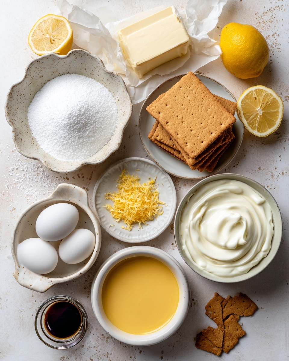 The image shows ingredients arranged on a white marbled surface for a dessert. There is a white speckled round bowl stacked with light brown graham crackers at top right. To its left, a rustic scalloped-edge bowl filled with white granulated sugar is visible. Below the sugar bowl are two whole white eggs and a small white speckled plate with finely grated yellow lemon zest. A halved lemon is placed at top right and bottom left corners. A stick of organic unsalted butter wrapped in light yellow paper rests above the graham crackers. There is also a small bowl with thick white cream, and another bowl filled with smooth yellow custard near the bottom right. In front of the custard is a tiny cup with dark vanilla extract. Some broken graham crackers lie scattered around. Photo taken with an iphone --ar 4:5 --v 7