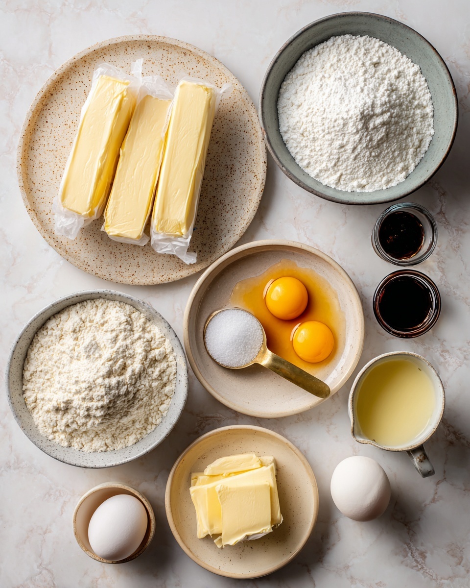 A top-down view of baking ingredients arranged on a white marbled surface includes three rectangular sticks of butter wrapped in paper, placed on a speckled beige round plate at the top left. To the right, there is a gray bowl filled with fine powdered sugar. At the bottom left, a small beige plate holds a white creamy ingredient, and next to it, a speckled beige bowl contains flour with some baking powder on top. Below that, two cracked eggs sit in a small plate with bright yellow yolks and clear whites. A gold measuring cup filled with granulated sugar is positioned near the eggs. Two small dark glass bottles of vanilla bean paste and vanilla extract lay near a small measuring pitcher of milk on the right side. A small beige bowl with a light yellow liquid, possibly oil, completes the set of ingredients. All containers and ingredients contrast against the white marbled background. Photo taken with an iphone --ar 4:5 --v 7