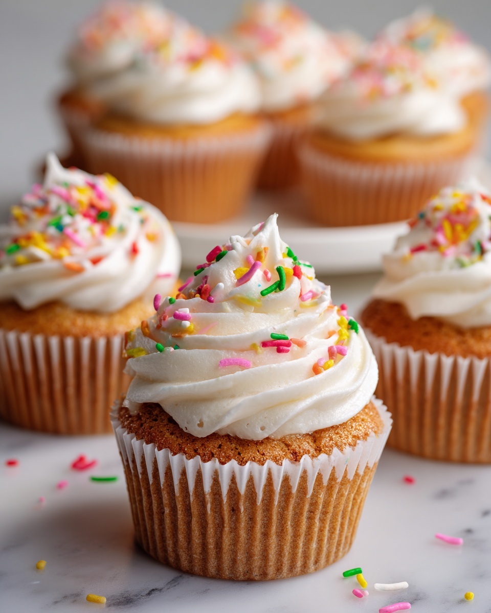 Tiny cupcakes are shown in this image, each with one layer of light golden brown cake topped by a thick swirl of white frosting. Some cupcakes have colorful rainbow sprinkles scattered on top of the frosting, with red, yellow, green, orange, pink, and white sprinkles visible. The cupcakes are held in white cupcake liners and placed on a white marbled surface. More cupcakes can be seen in the blurred background, also decorated with white frosting and sprinkles. Sprinkles are scattered on the marbled surface around the cupcakes. photo taken with an iphone --ar 4:5 --v 7