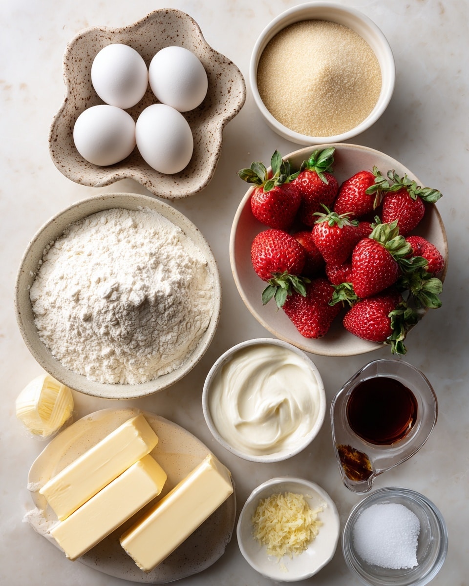 A top-down view shows baking ingredients arranged neatly on a white marbled surface. In the center are four white eggs resting in a rustic, flower-shaped, speckled bowl. Above this is a white bowl filled with a fine, beige grain, likely sugar. To the right is a white bowl filled with fresh, bright red strawberries with green leaves. Below the strawberries is a large white bowl holding a heap of flour, dusted with a bit of powdered sugar on top. Near the bottom left, two sticks of yellow butter wrapped in paper are placed side by side. Next to the butter are small bowls with smooth textures—one with white creamy yogurt or sour cream, another with a thick white liquid like cream, and a small bowl of dark brown vanilla extract. Small piles of lemon zest and fine white salt add color contrast. A small clear glass container is placed near the bottom right, completing the clean and organized scene. Photo taken with an iphone --ar 4:5 --v 7