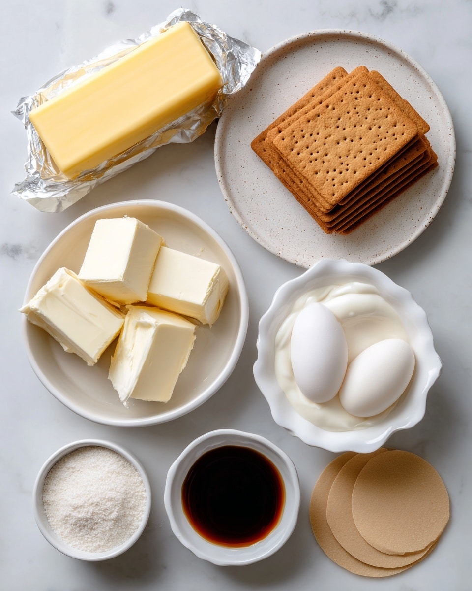 The image shows several baking ingredients arranged on a white marbled surface. At the top left, there is a stick of yellow butter with a white wrapper. Below, a round white bowl holds smooth white cream. To the right of the cream, a white speckled plate holds five rectangular golden brown graham crackers stacked slightly overlapping. Near the center, two opened foil packages reveal creamy white cheese wedges. To the right of the cheese, a small white scalloped dish holds two white eggs. At the bottom left, a round white bowl is filled with granulated sugar. Near the bottom center, a small white bowl contains dark brown liquid, likely vanilla extract. To the right of the bowl, four round beige paper circles lie flat on the surface. Photo taken with an iphone --ar 4:5 --v 7