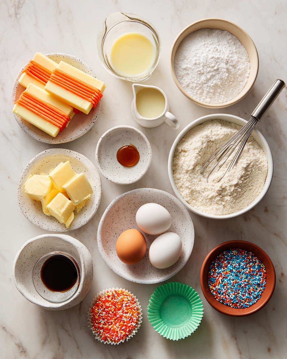 A top view of a baking setup with multiple white speckled bowls and small plates arranged on a white marbled surface. There are three butter sticks wrapped in orange and cream paper at the bottom, two eggs on a small white speckled plate with a dark brown rim, and a small bowl with dark brown vanilla extract. Three white bowls contain fine powdered sugar, granulated sugar, and a white flour mix with a silver whisk inside. A clear glass measuring cup holds a pale yellow liquid, and a small white jug contains a light cream liquid. Two small brown bowls feature colorful sprinkles: one with red and yellow, the other with orange and blue. Several green and white paper cupcake liners are scattered around. Photo taken with an iphone --ar 4:5 --v 7