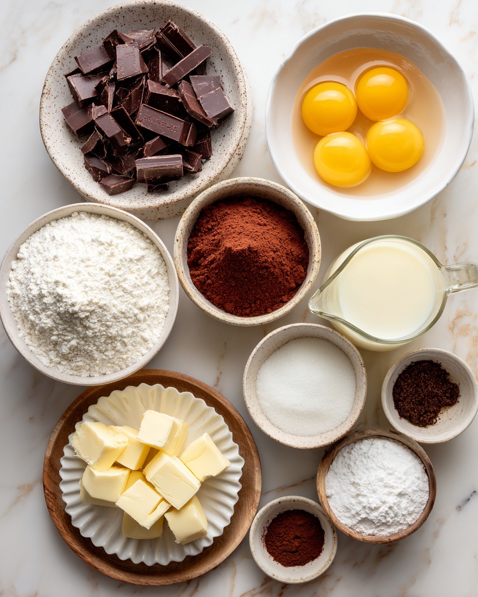 A top-down view of various baking ingredients arranged neatly on a white marbled surface, each in its own white or rustic bowl or plate; three bright yellow raw eggs sit in a white bowl near the center, next to a bowl of white powdered sugar and another with light milk; to the left, a speckled white bowl holds dark chopped chocolate, and next to it is a ruffled white bowl filled with rich red cocoa powder. Below, a wooden plate holds several chunks of pale yellow butter, while a round brown bowl contains sifted white flour, surrounded by smaller bowls with white salt, dark brown coffee powder, and a small amount of vanilla extract. A clear glass jug filled with a light yellow liquid completes the set, all neatly spread out and ready for mixing, photo taken with an iphone --ar 4:5 --v 7