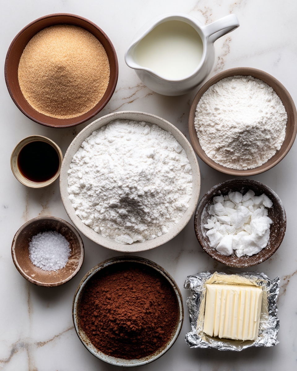 An overhead shot of various baking ingredients arranged on a white marbled surface: a large white bowl filled with fine white powdered sugar in the center, a round brown bowl with light brown sugar at the top left, a small white pitcher filled with milk to the top right of the sugar, a round brown bowl with white flour to its right, a small rustic brown bowl with dark vanilla extract at the bottom left, a small brown bowl with white salt below it, a decorative white bowl with rich dark brown cocoa powder at the bottom center, and an open silver foil pack with cream cheese on the bottom right. photo taken with an iphone --ar 4:5 --v 7