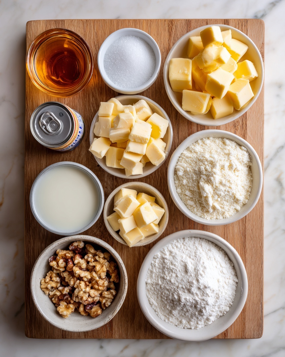 The image shows a wooden board with nine white bowls and containers, each holding different ingredients. From the top left to right: a small glass container with amber syrup, a tiny white bowl of white salt crystals, a medium white bowl filled with yellow butter cubes, a medium white bowl of cut milk chocolate pieces. Below that, starting at the left, there is a can of condensed milk beside a small white bowl of chopped nuts, a small dark bowl with more yellow butter cubes, a small dark bowl of light brown sugar, and a medium white bowl packed with white flour. All bowls and containers are placed on a wooden board over a white marbled background surface. Photo taken with an iphone --ar 4:5 --v 7