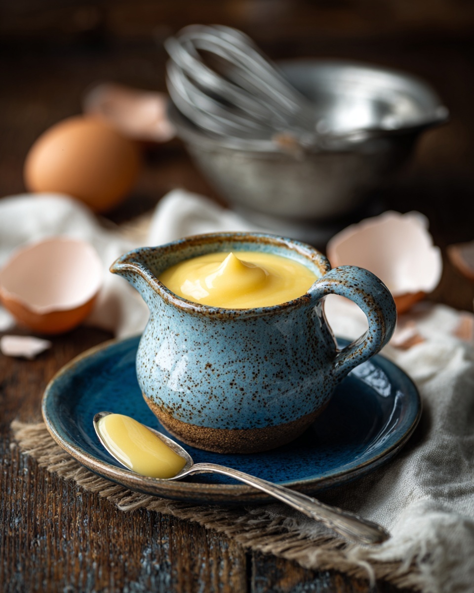 A thick, creamy pale yellow sauce with a smooth and slightly glossy texture fills a speckled gray and blue small pitcher with a handle and a spout, sitting on a matching blue plate. A spoon with some sauce on it rests on the edge of the plate next to the pitcher. In the background, there is a blurred metal bowl with a whisk inside, a white cloth, and a cracked brown eggshell, all placed on a dark wooden surface. photo taken with an iphone --ar 4:5 --v 7
