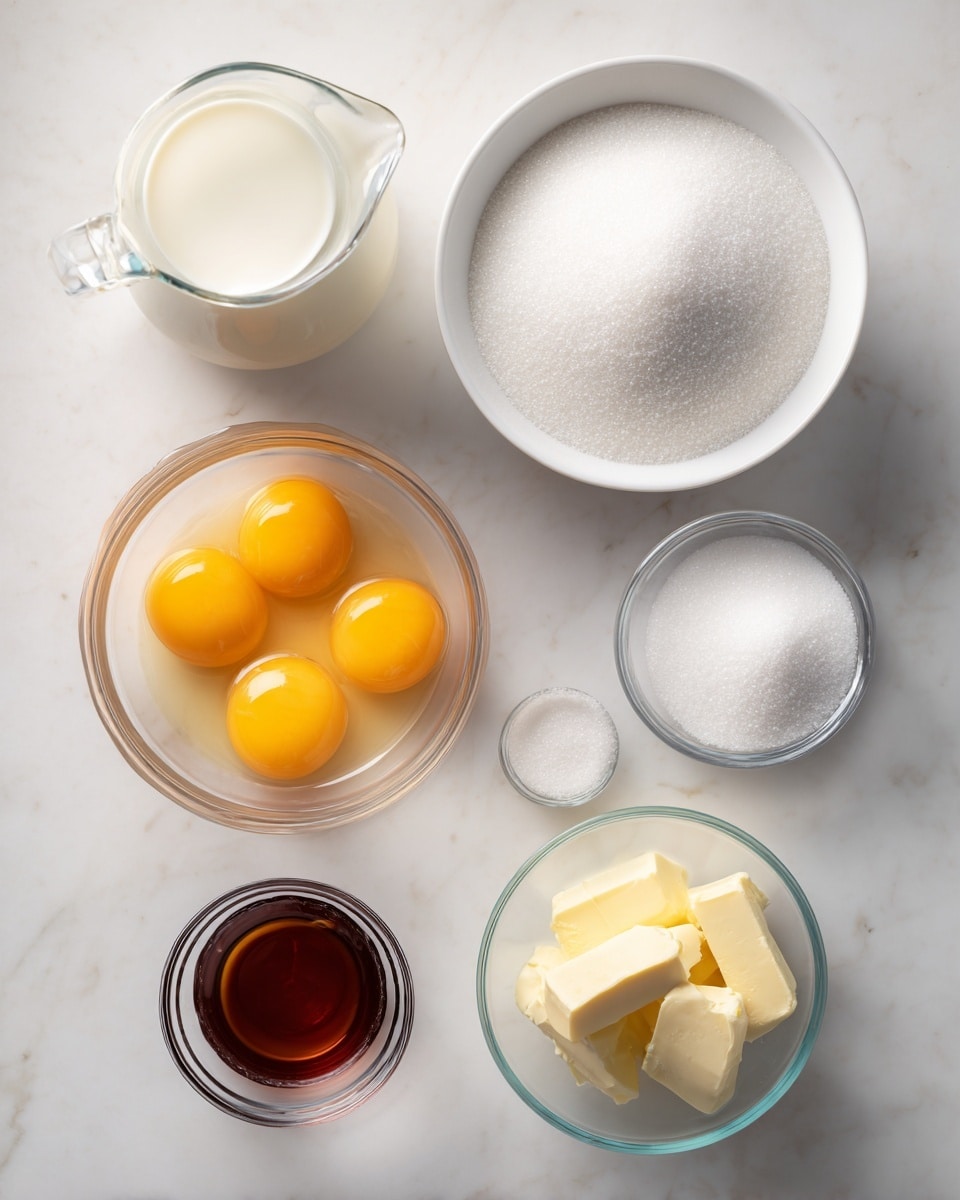 A clear glass measuring jug filled with white milk is placed on the left side above a white marbled surface. Next to it, a white bowl holds four raw eggs with bright yellow yolks and clear egg whites. On the right side, a white bowl is filled with white granulated sugar. Below these, from left to right, there is a small clear glass bowl with brown vanilla extract, a larger clear bowl filled with white sugar, an empty small clear bowl, and a small clear bowl containing a pale yellow chunk of butter. All items are neatly arranged on the white marbled surface. photo taken with an iphone --ar 4:5 --v 7