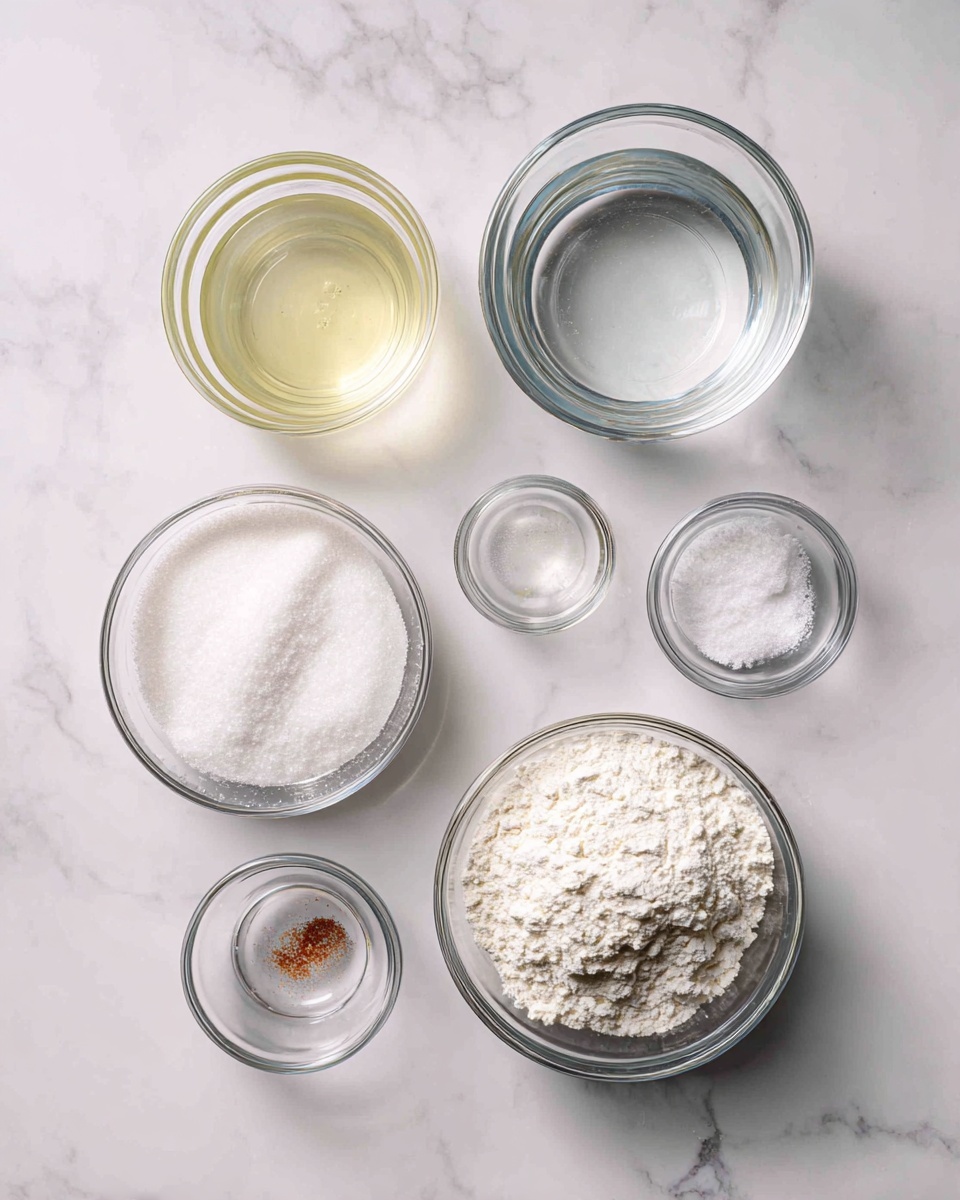 The image shows seven clear glass containers arranged neatly on a white marbled surface. The largest container on the top left holds a light yellow liquid. Below it is a smaller container with white granulated sugar. To the right of the sugar container is another small container with a clear liquid, and beside that is a tiny container with a white powder, likely salt. On the top right is a medium-sized container filled with clear water. Below it, in the center, is a tiny container of a reddish powder, possibly a spice. On the bottom right, a medium container holds white flour, lightly textured. All containers are transparent, showing the ingredients clearly. photo taken with an iphone --ar 4:5 --v 7