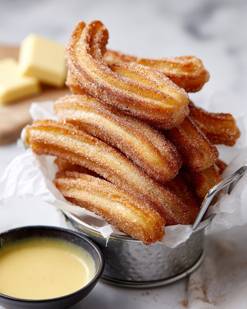 A pile of golden brown churros is stacked with their ridged texture visible, coated in a fine layer of cinnamon sugar giving a slightly rough, grainy look. The churros rest on crinkled white parchment paper scattered with extra cinnamon sugar. Behind the pile, there is a small white bowl filled with creamy light yellow dipping sauce and a few stacked blocks of pale yellow chocolate in the blurred background. The whole scene is set on a white marbled surface. Photo taken with an iphone --ar 4:5 --v 7