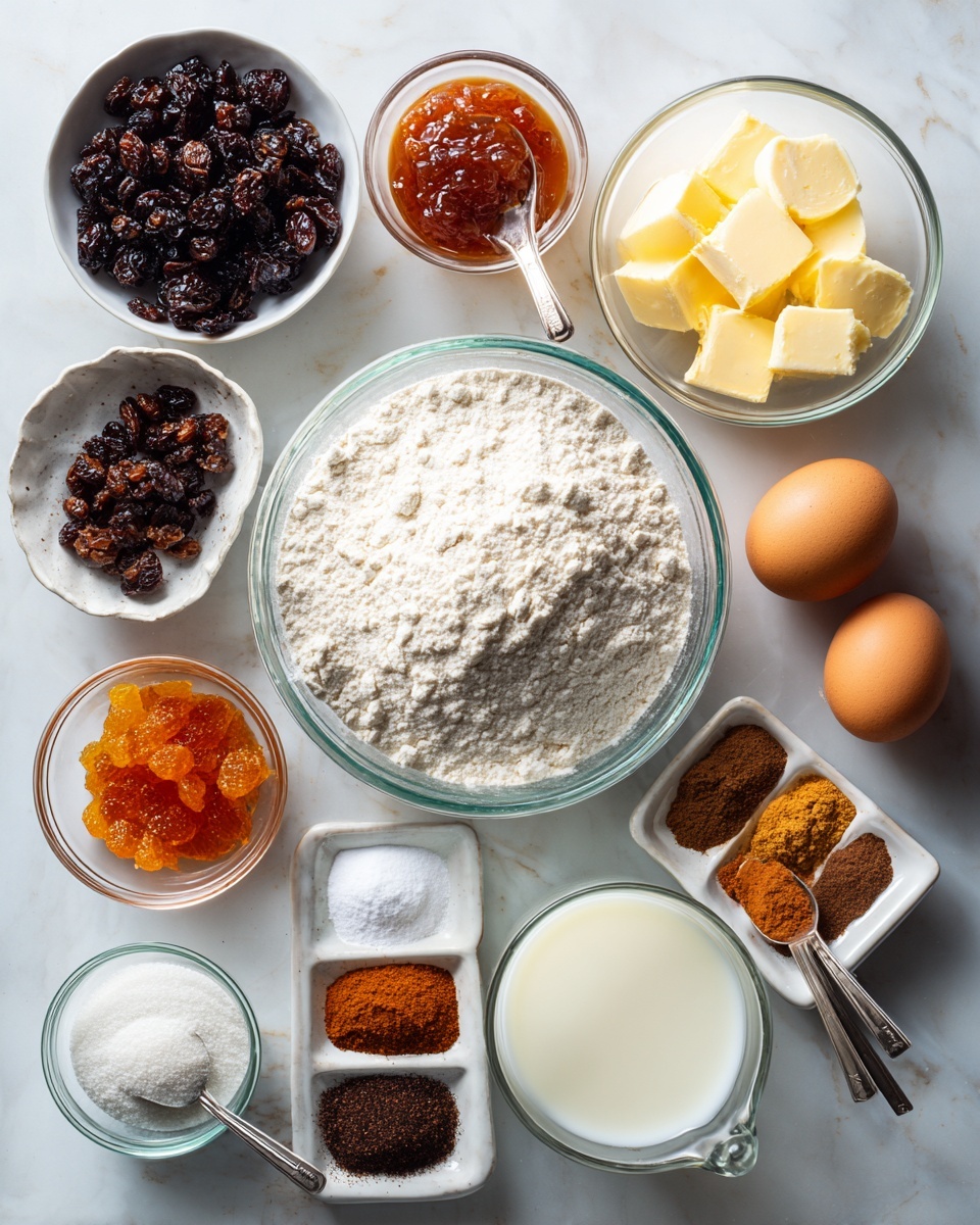 A top view of multiple small clear glass bowls and white dishes arranged on a white marbled surface, each holding different baking ingredients. In the center is a large bowl filled with white flour with a textured surface. Surrounding it are smaller bowls containing dark dried cranberries, dark raisins, orange jam with a jelly-like texture, and bright orange zest. There is a white dish with three portions of brown and reddish spices arranged separately, and another bowl with small white granular sugar. Two measuring spoons with white powdered ingredients are placed near a bowl of light brown yeast. Two brown eggs rest directly on the surface, and two clear measuring cups hold off-white milk and yellow melted butter respectively. The setup is bright with soft lighting, showing clear textures of each ingredient. Photo taken with an iphone --ar 4:5 --v 7
