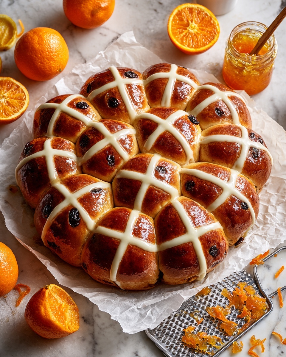 The image shows a large round cluster of twelve golden-brown hot cross buns with shiny glaze, each topped with a white cross made from dough, closely packed together on a piece of parchment paper. The buns have a soft, slightly textured surface with visible raisins inside. Around the buns, there are three halves of bright orange oranges, a whole orange, a small glass bowl of orange jam, and some scattered orange zest and raisins on a white marbled surface. A metal grater with some orange zest is also visible near the lower left corner. The overall look is warm, fresh, and inviting. photo taken with an iphone --ar 4:5 --v 7
