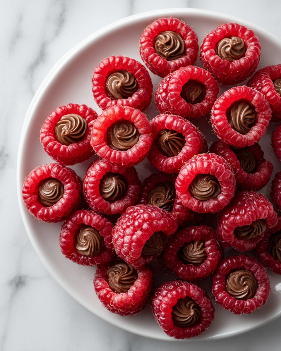 A white plate filled with many fresh red raspberries, each one hollowed out and filled with a small swirl of smooth chocolate cream in the center. The raspberries are close together and cover the entire plate. The background is a white marbled texture. photo taken with an iphone --ar 4:5 --v 7