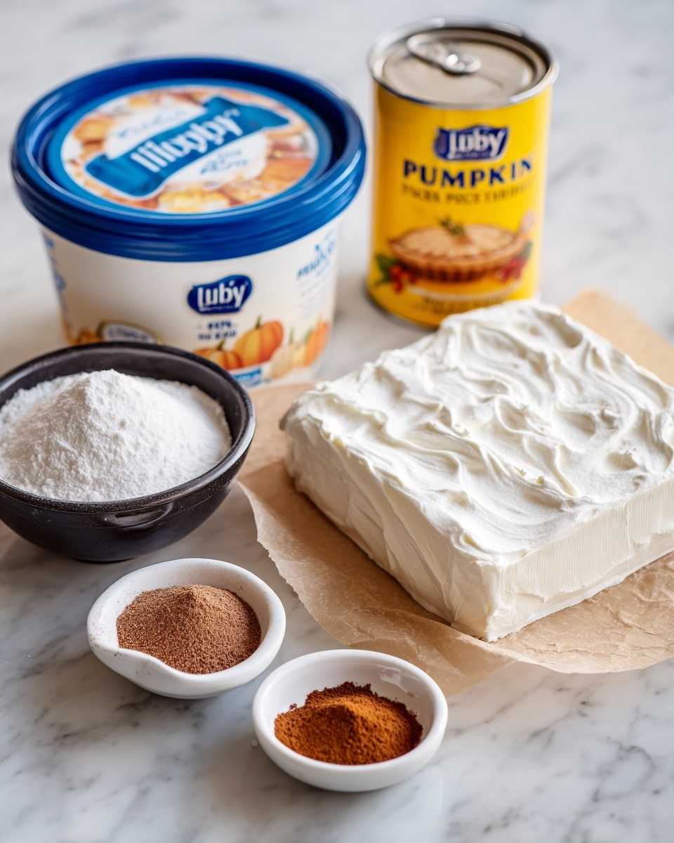 A white marbled surface holds a white round container of Cool Whip Original whipped topping with a blue lid showing various uses like desserts, smoothies, and fruit dips. Next to it is a rectangular block of cream cheese on brown parchment paper, showing smooth, creamy white texture. There are two small white bowls, one filled with cinnamon powder and the other with ground cloves, both showing a fine brown texture. A black bowl holds white powdered sugar, looking soft and fine. A yellow can of Libby's 100% Pure Pumpkin with a pie image is tilted on its side below the spices. Photo taken with an iphone --ar 4:5 --v 7