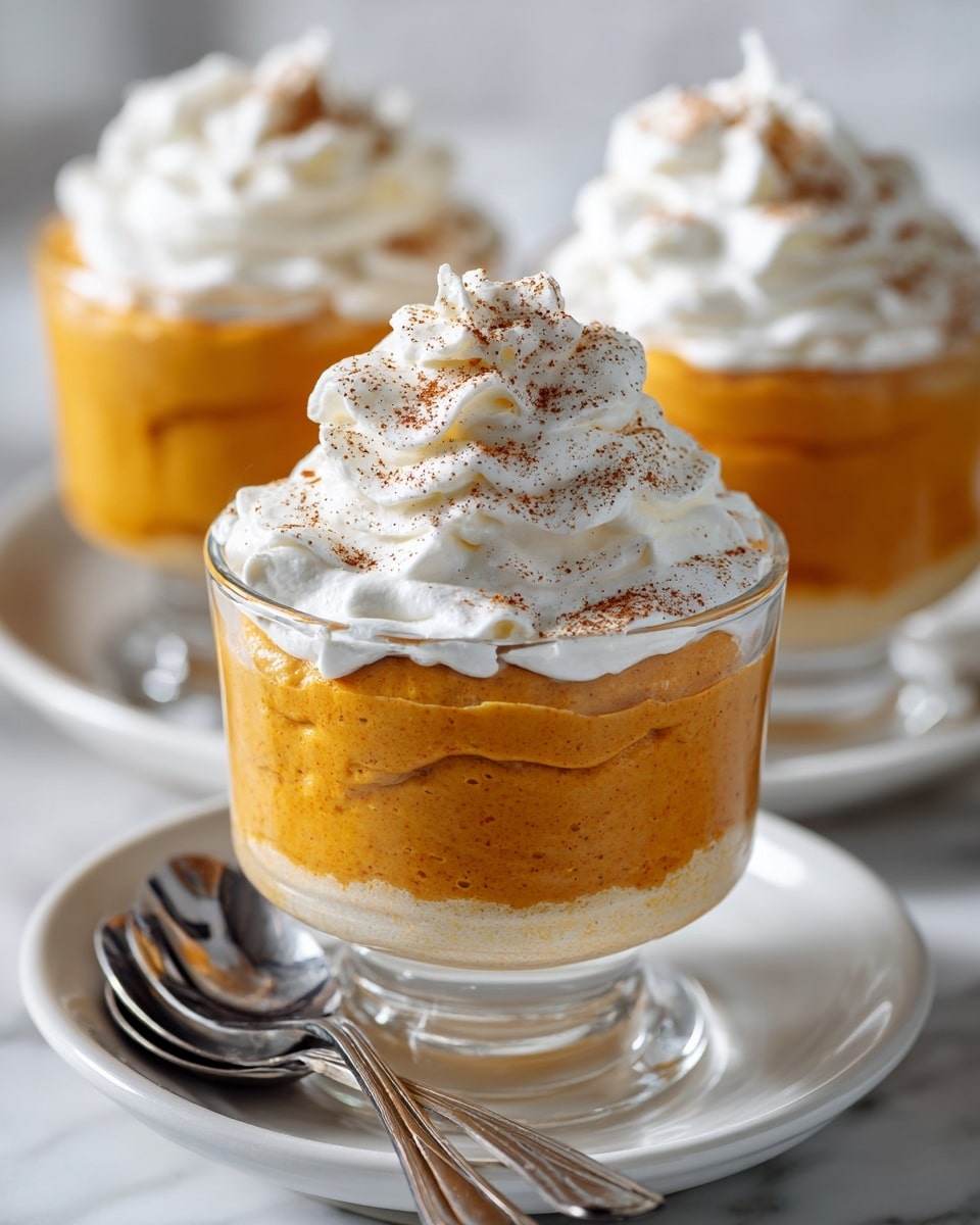 The image shows a clear glass dessert cup with a thick base, filled with three visible layers. The bottom layer is smooth and creamy with a light orange color and tiny dark specs, followed by a middle layer of closely folded orange cream that has a slightly rough texture. The top layer is a swirl of white whipped cream with a smooth, fluffy texture, lightly dusted with brown specks. The dessert cup sits on a white plate with a white marbled surface, next to two silver spoons placed side by side. In the background, there are three more similar dessert cups, softly blurred. Photo taken with an iphone --ar 4:5 --v 7